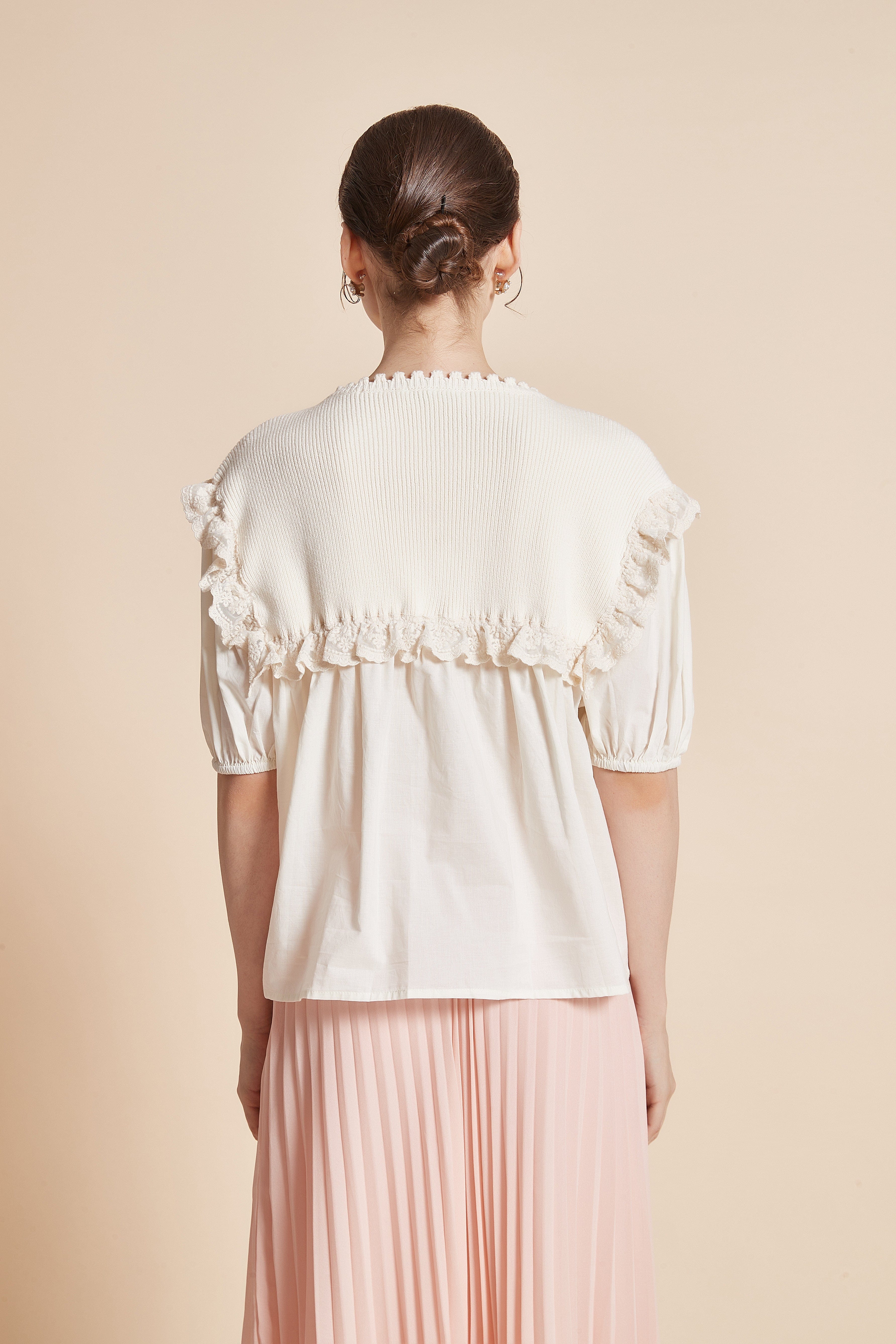 Half-Sleeve Blouse With Round Neck And Ruffles On Shoulders And Chest
