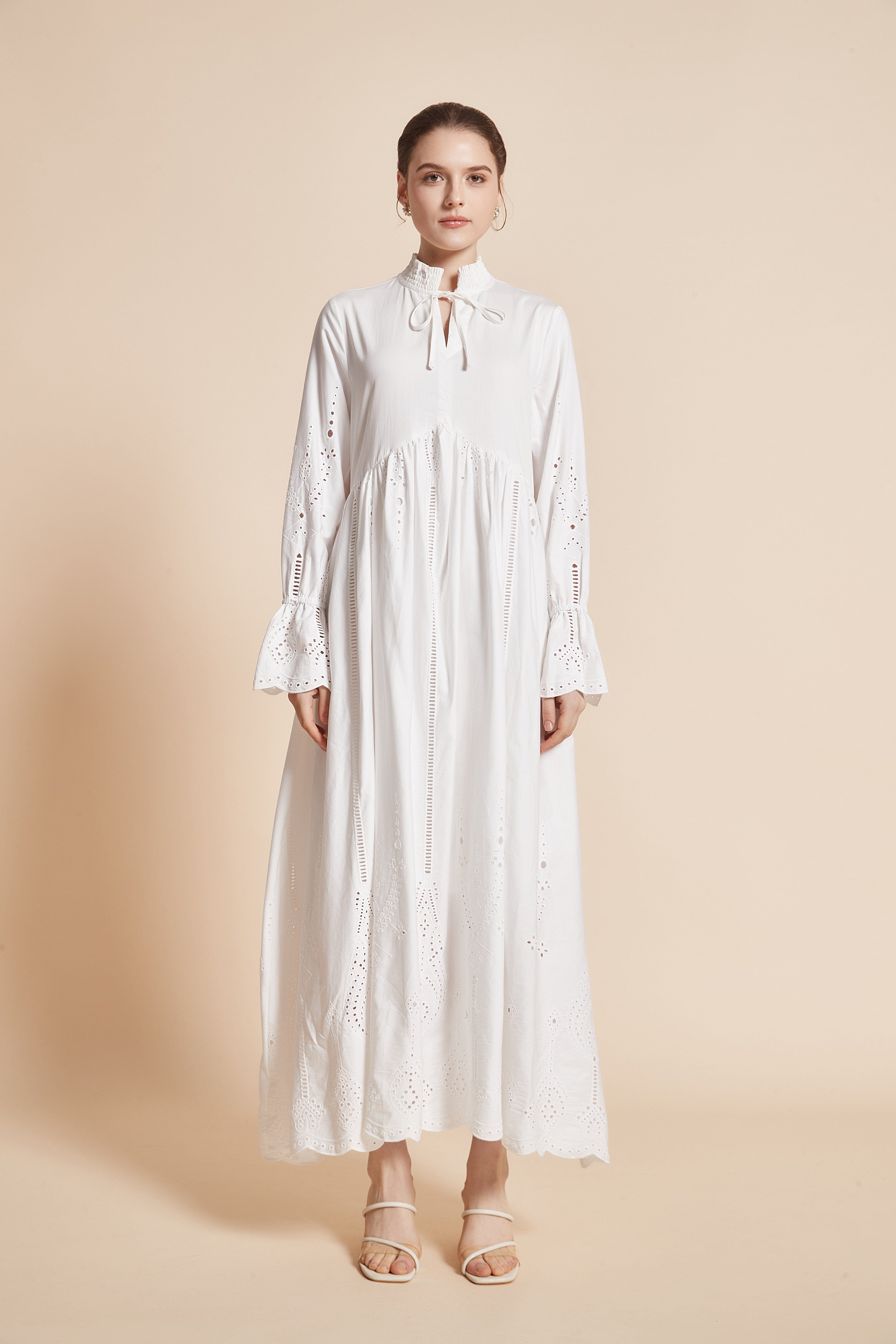Long Dress With Eyelet Embroidery, Long Sleeves, High Neck, And Tie
