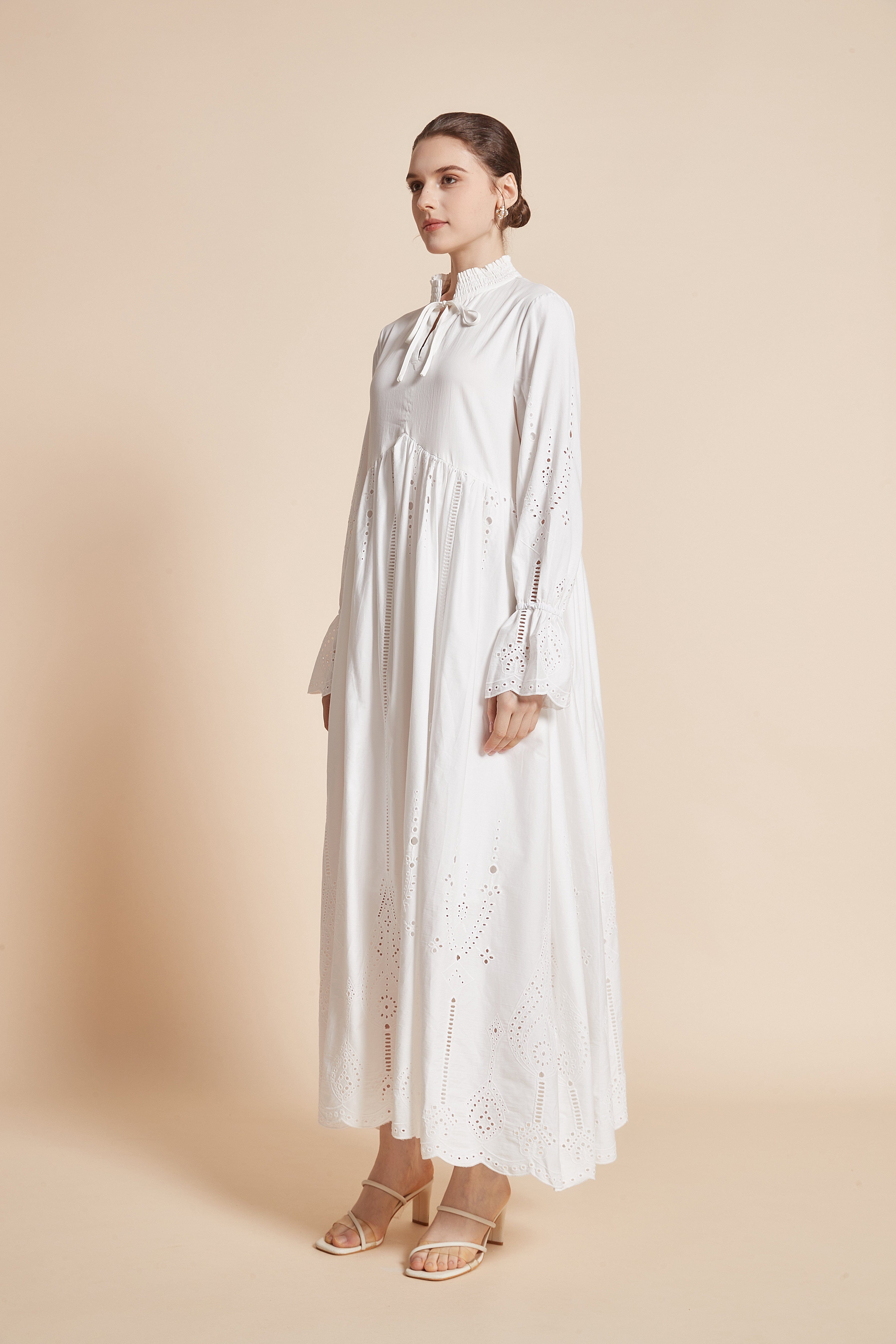 Long Dress With Eyelet Embroidery, Long Sleeves, High Neck, And Tie