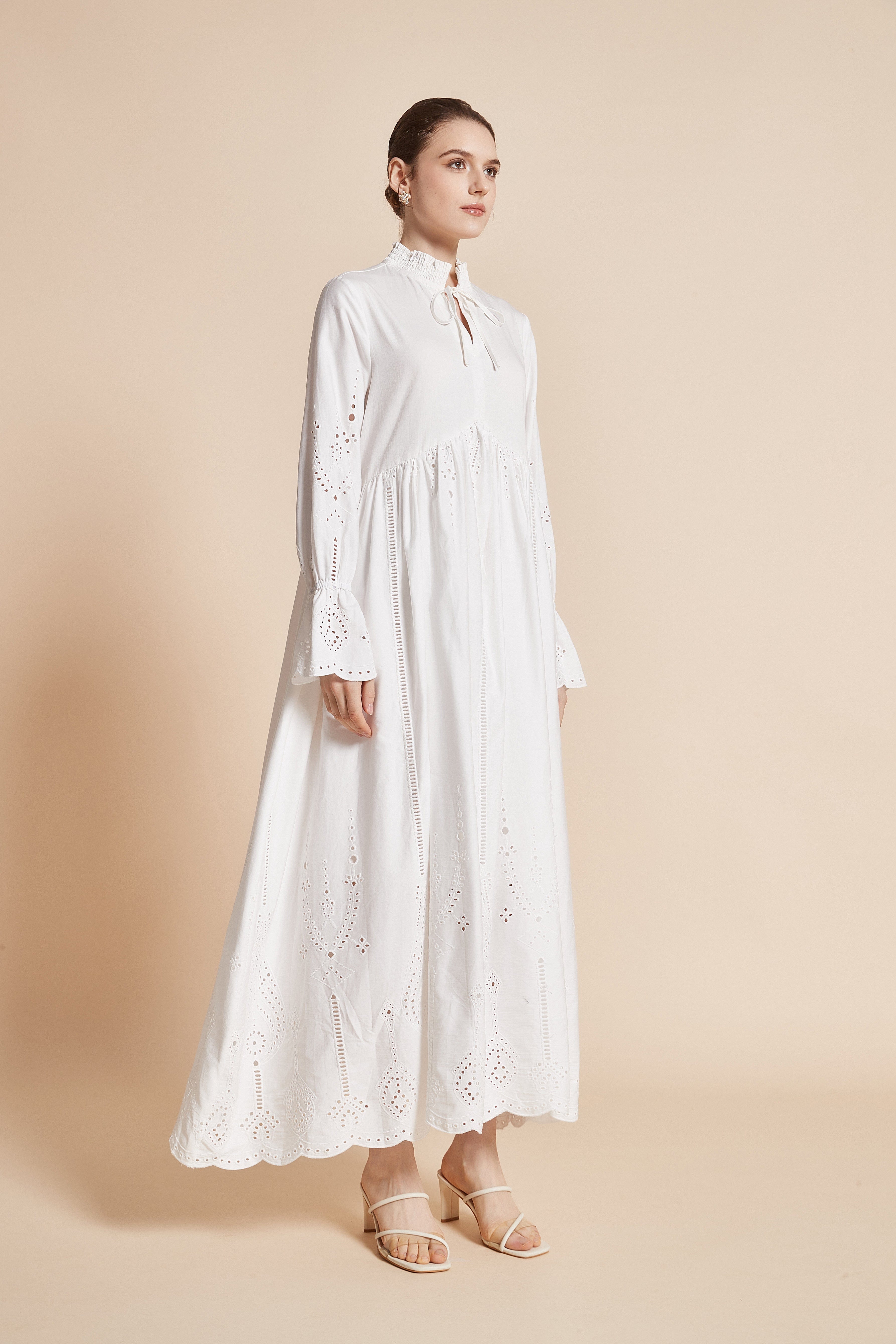 Long Dress With Eyelet Embroidery, Long Sleeves, High Neck, And Tie