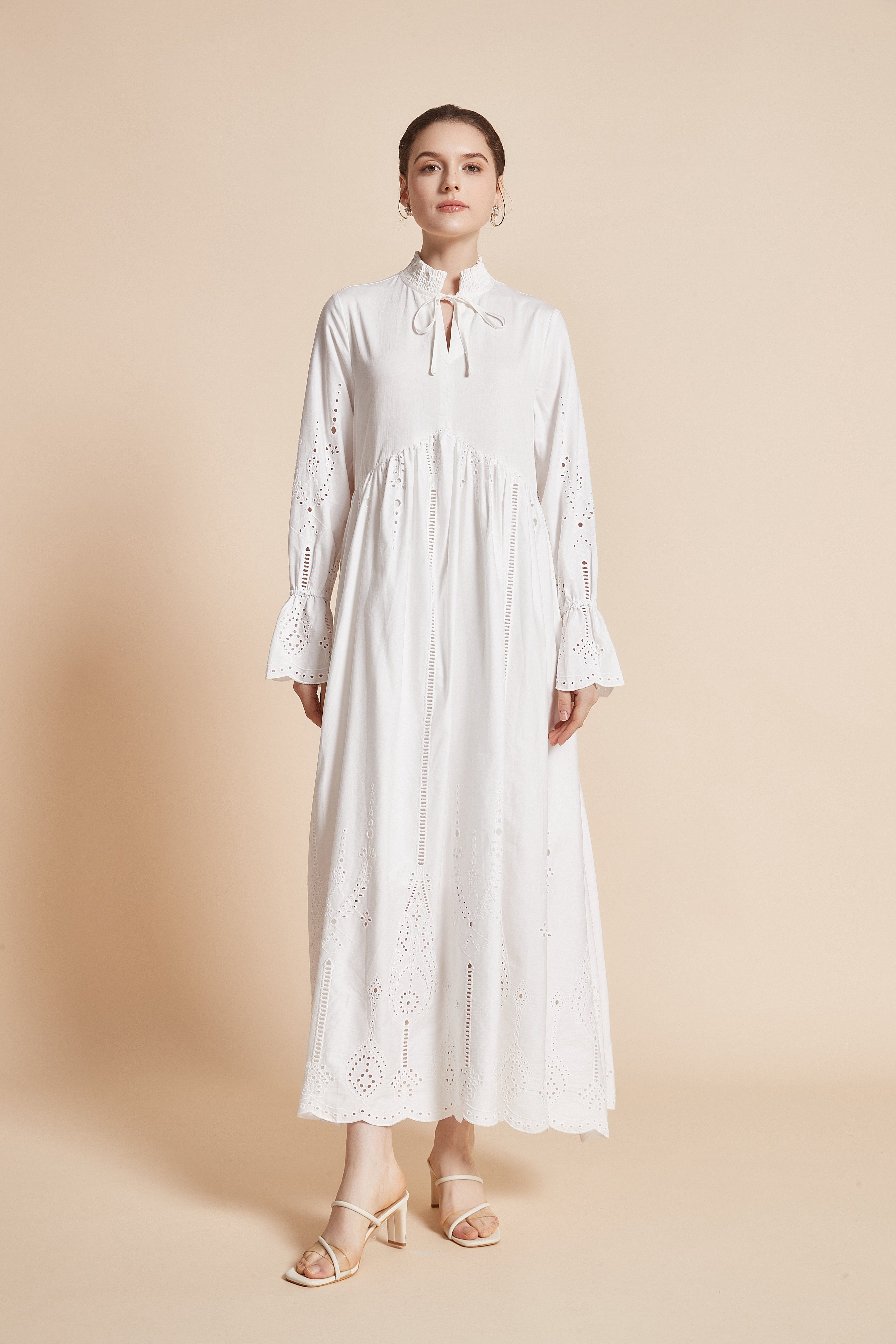 Long Dress With Eyelet Embroidery, Long Sleeves, High Neck, And Tie