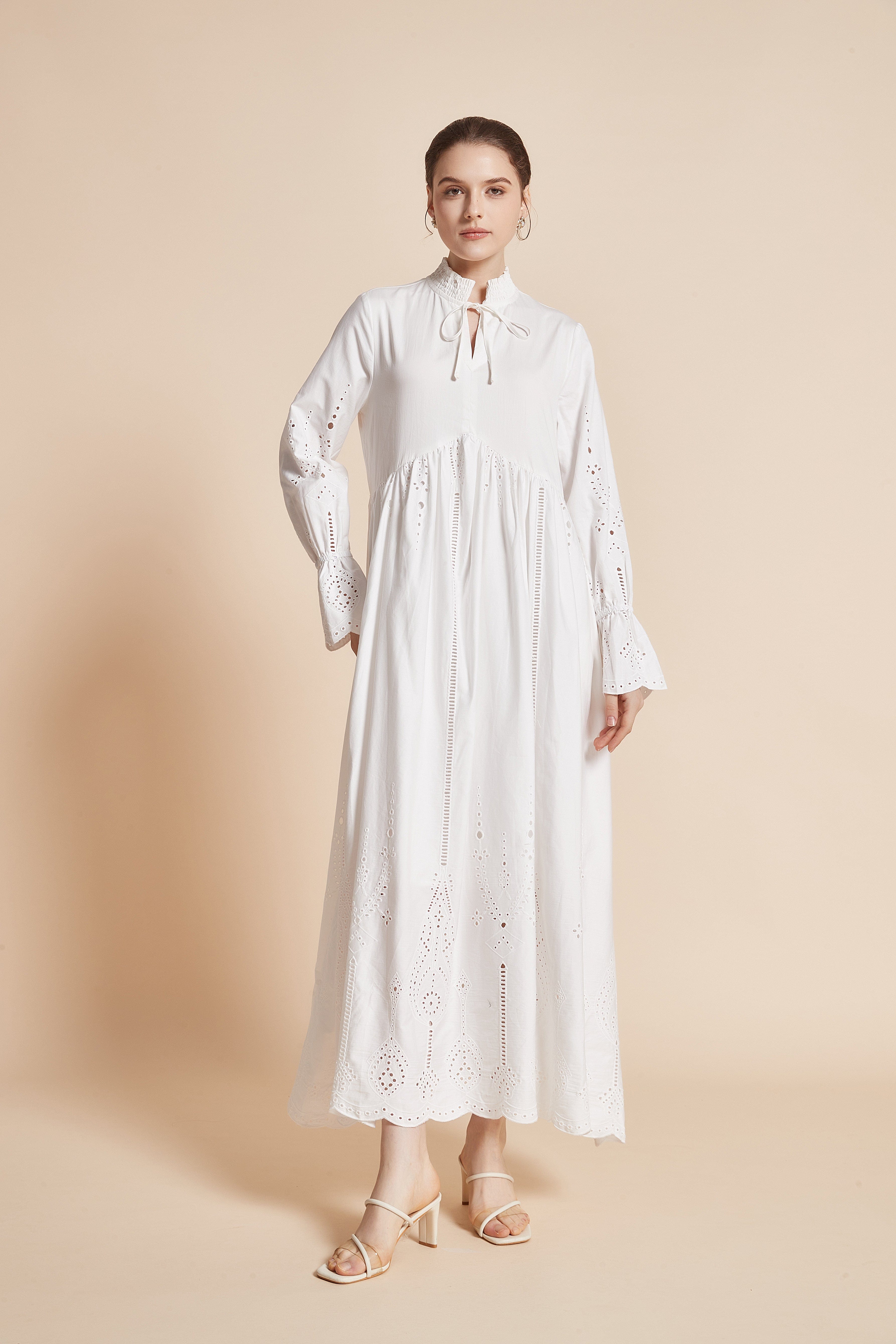 Long Dress With Eyelet Embroidery, Long Sleeves, High Neck, And Tie