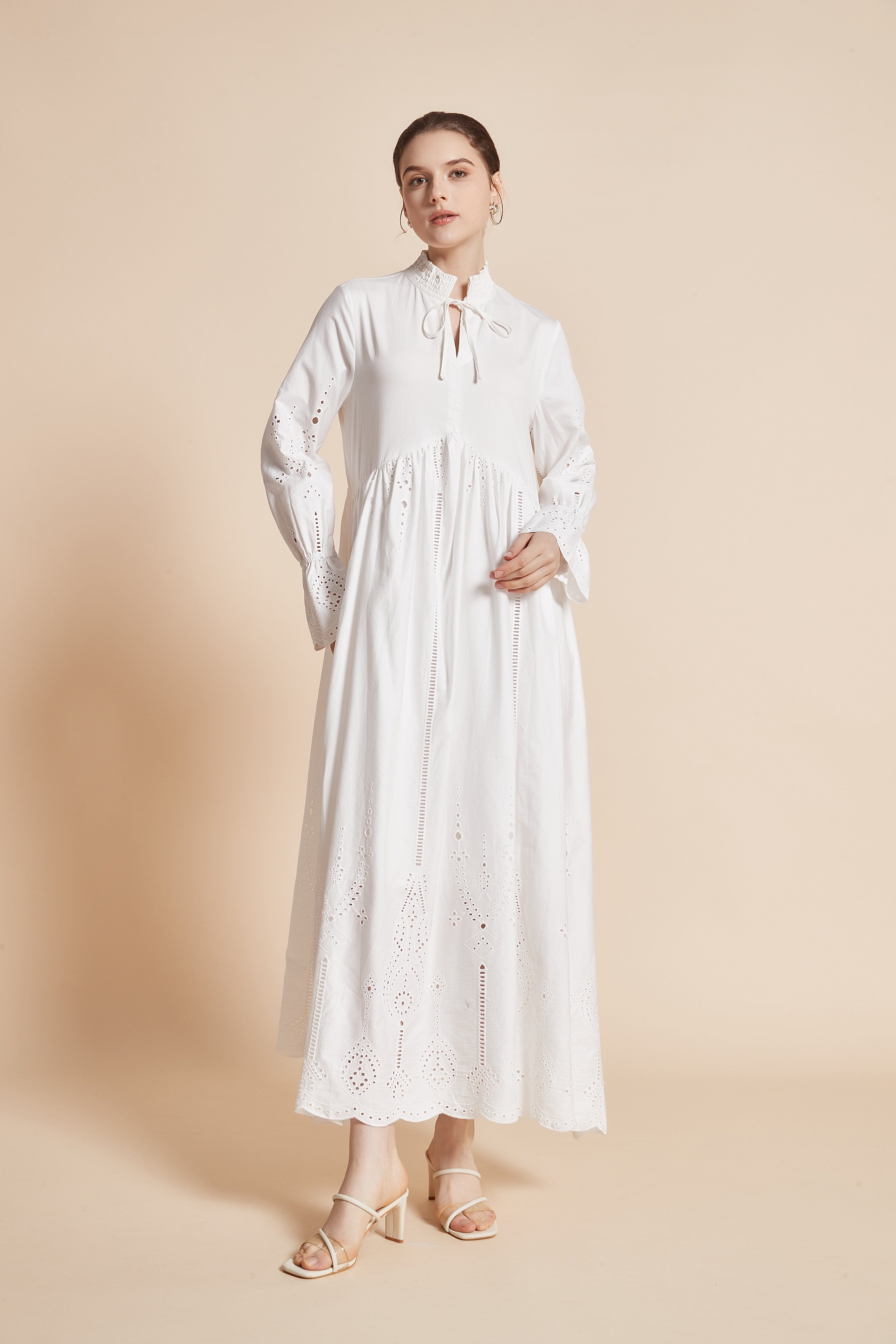 Long Dress With Eyelet Embroidery, Long Sleeves, High Neck, And Tie