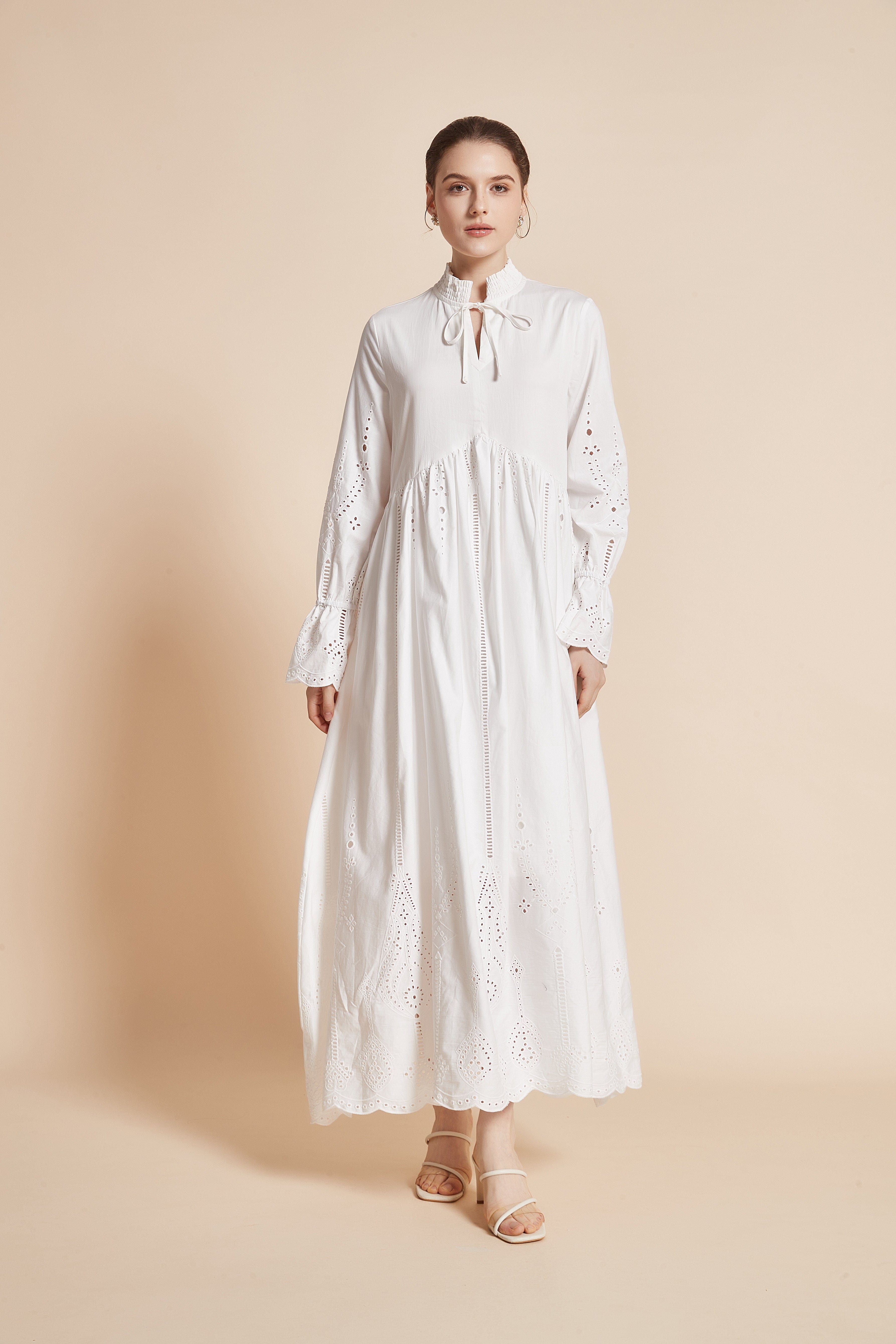 Long Dress With Eyelet Embroidery, Long Sleeves, High Neck, And Tie