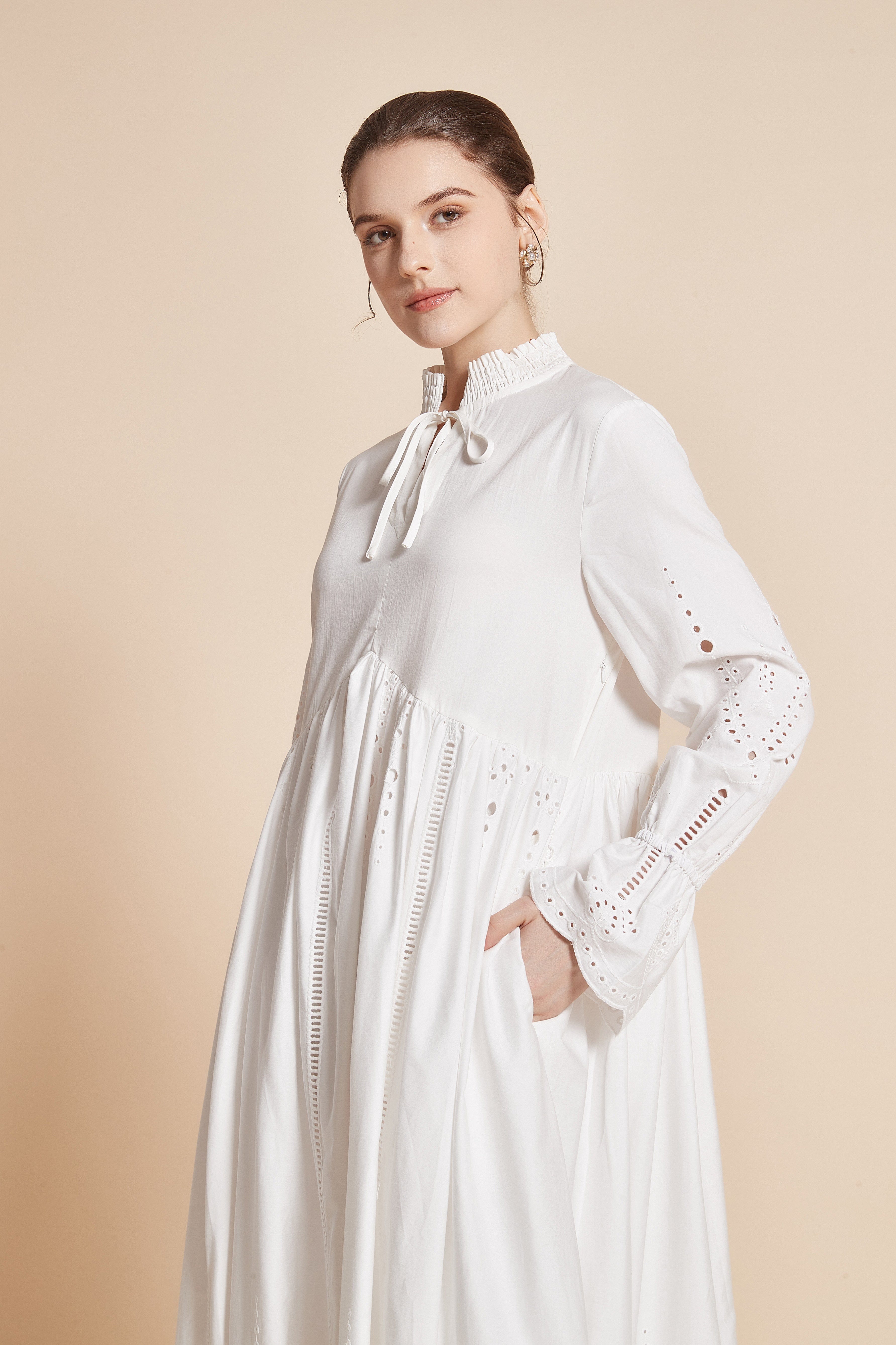 Long Dress With Eyelet Embroidery, Long Sleeves, High Neck, And Tie