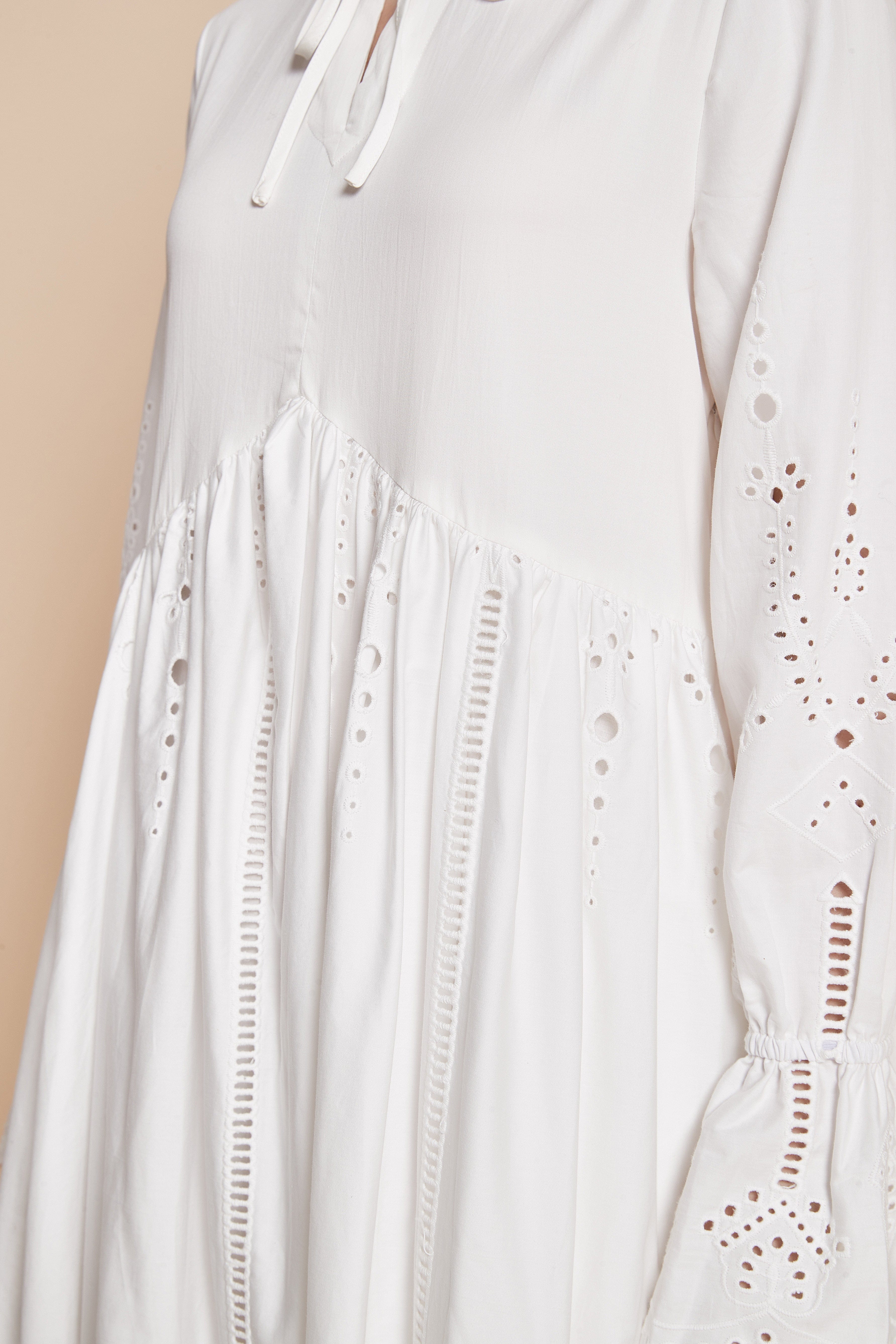Long Dress With Eyelet Embroidery, Long Sleeves, High Neck, And Tie
