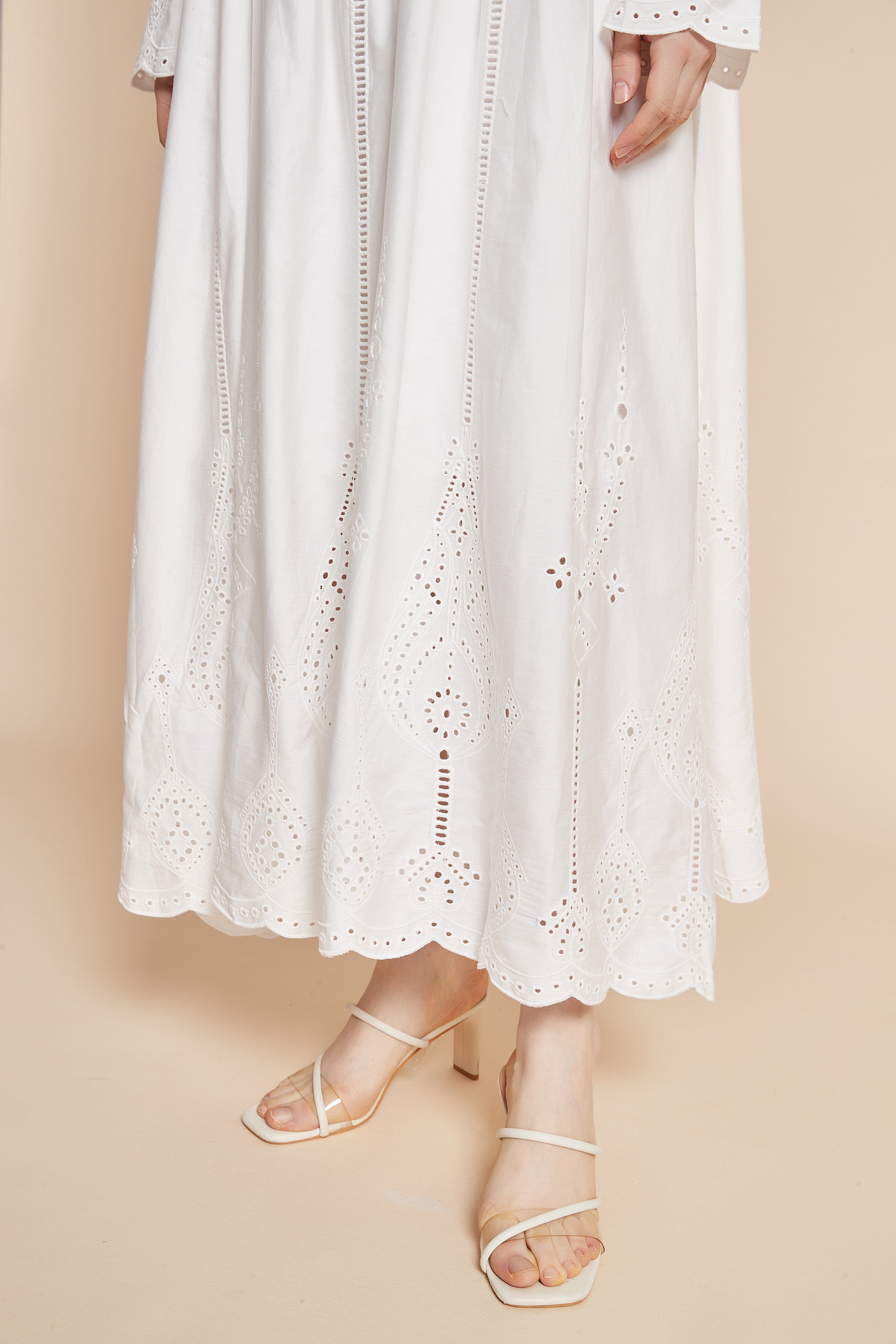 Long Dress With Eyelet Embroidery, Long Sleeves, High Neck, And Tie