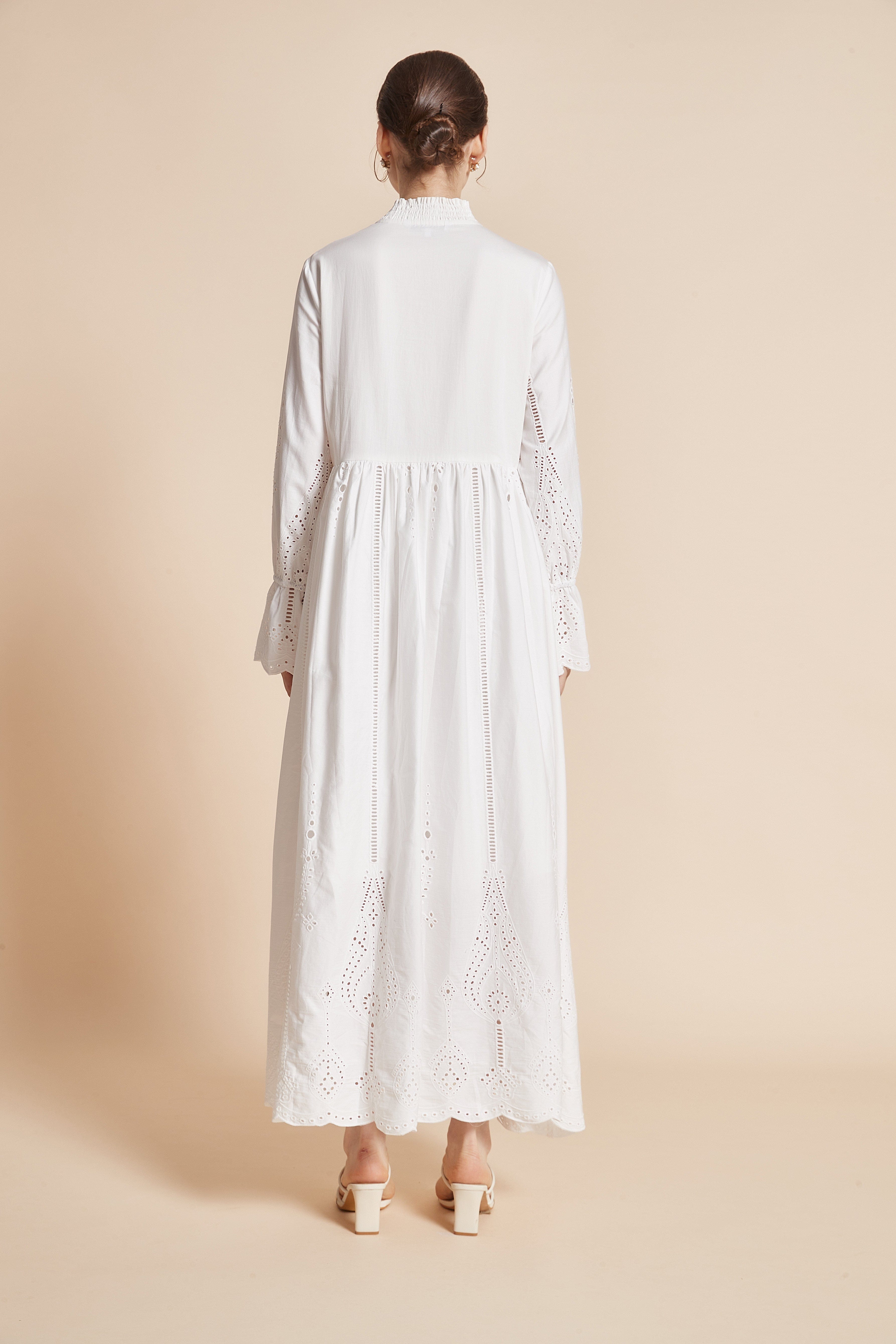 Long Dress With Eyelet Embroidery, Long Sleeves, High Neck, And Tie