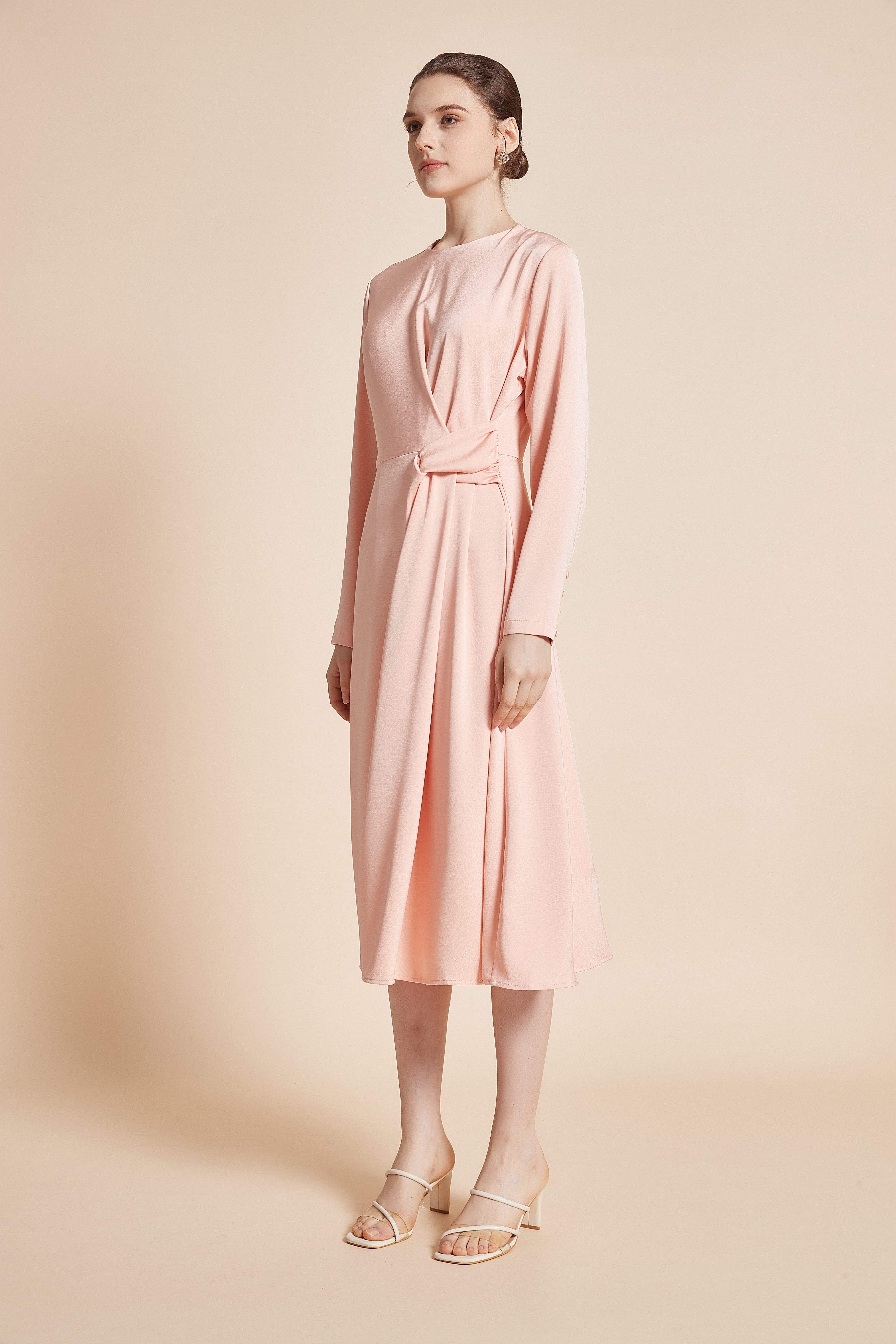 Yola Plain Midi Wrap Dress with Long Sleeves