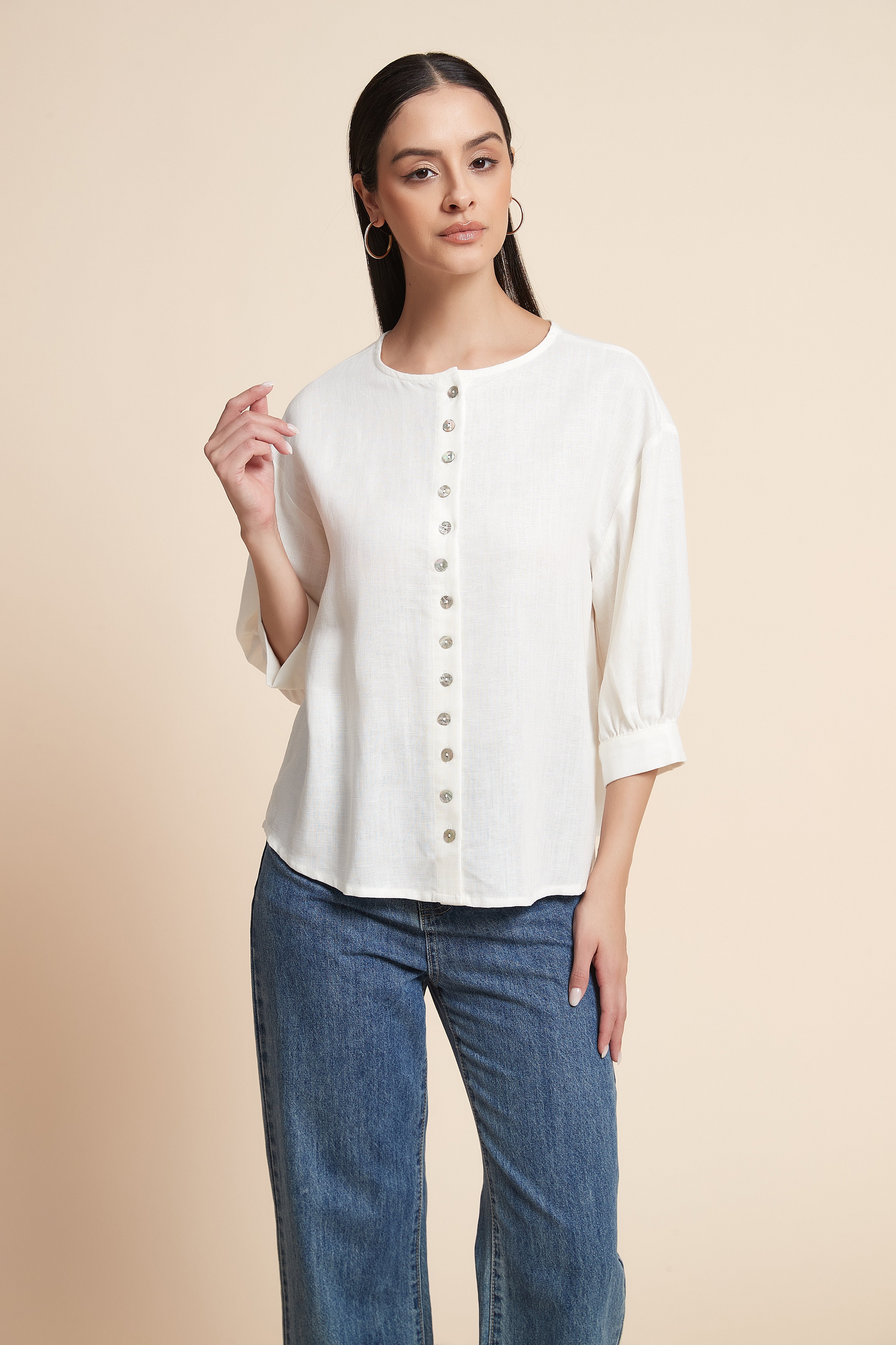 3/4 Sleeve Button-Front Blouse