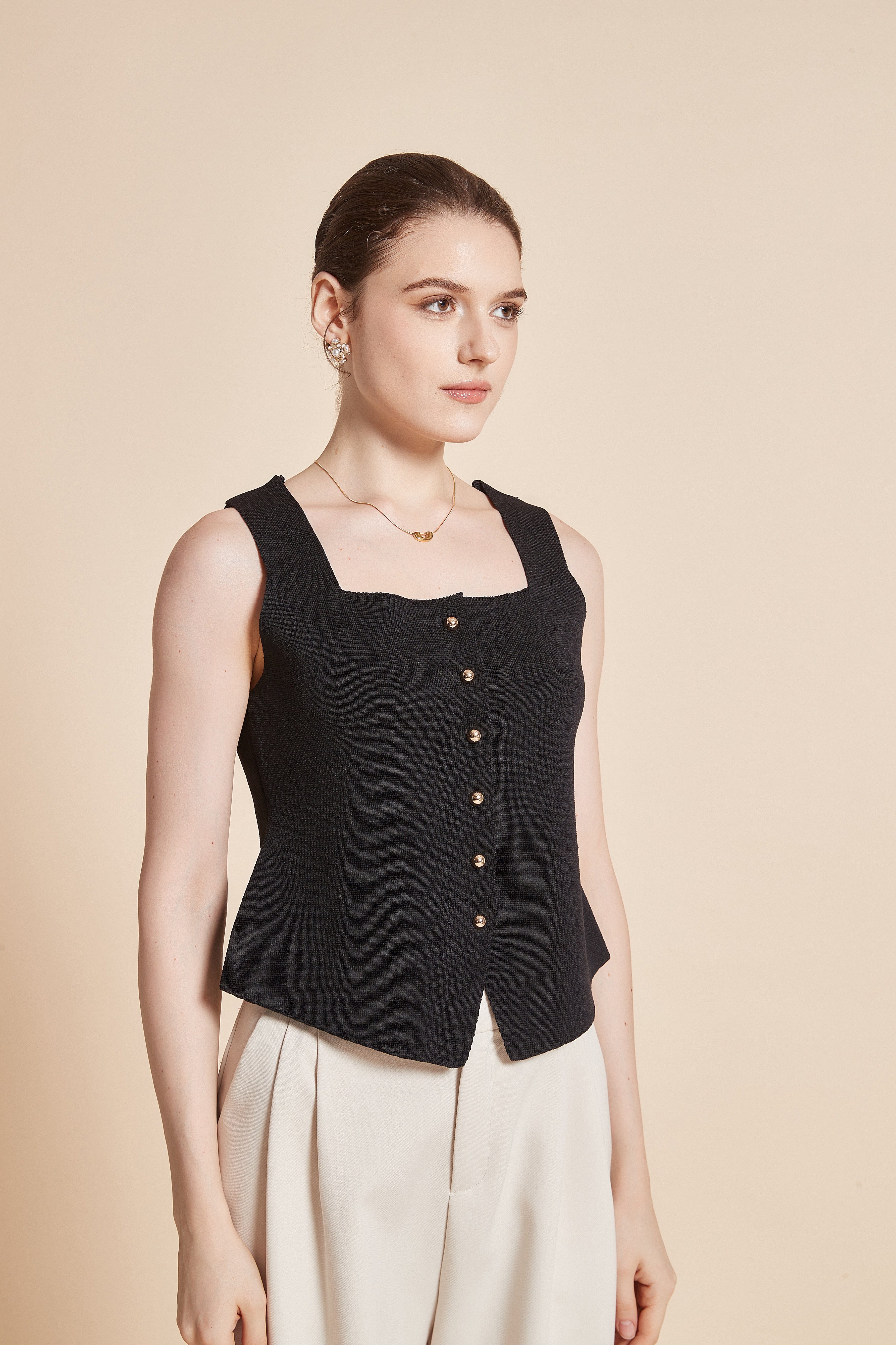 Plain Sleeveless Blouse With Front Buttons