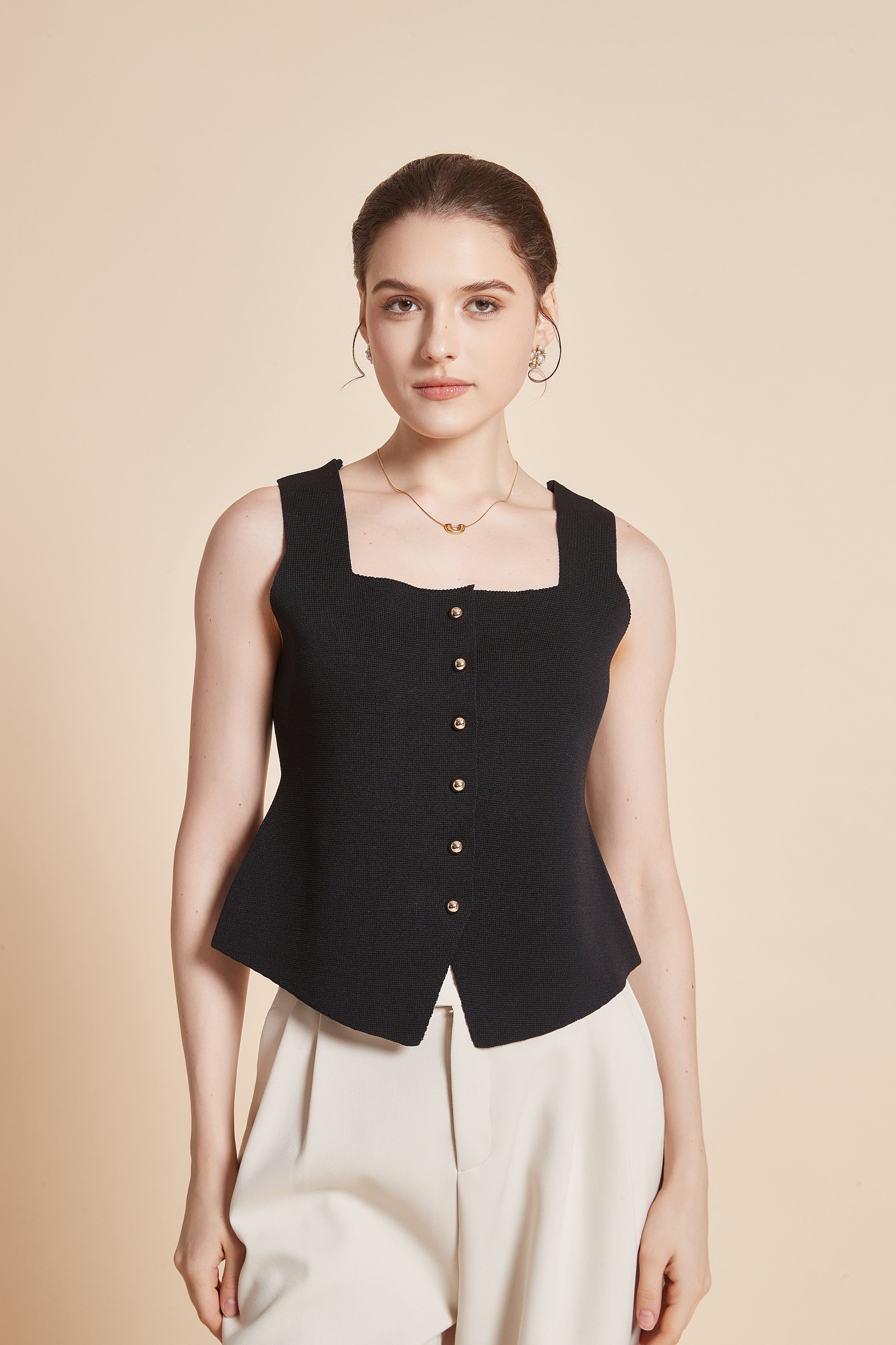 Plain Sleeveless Blouse With Front Buttons