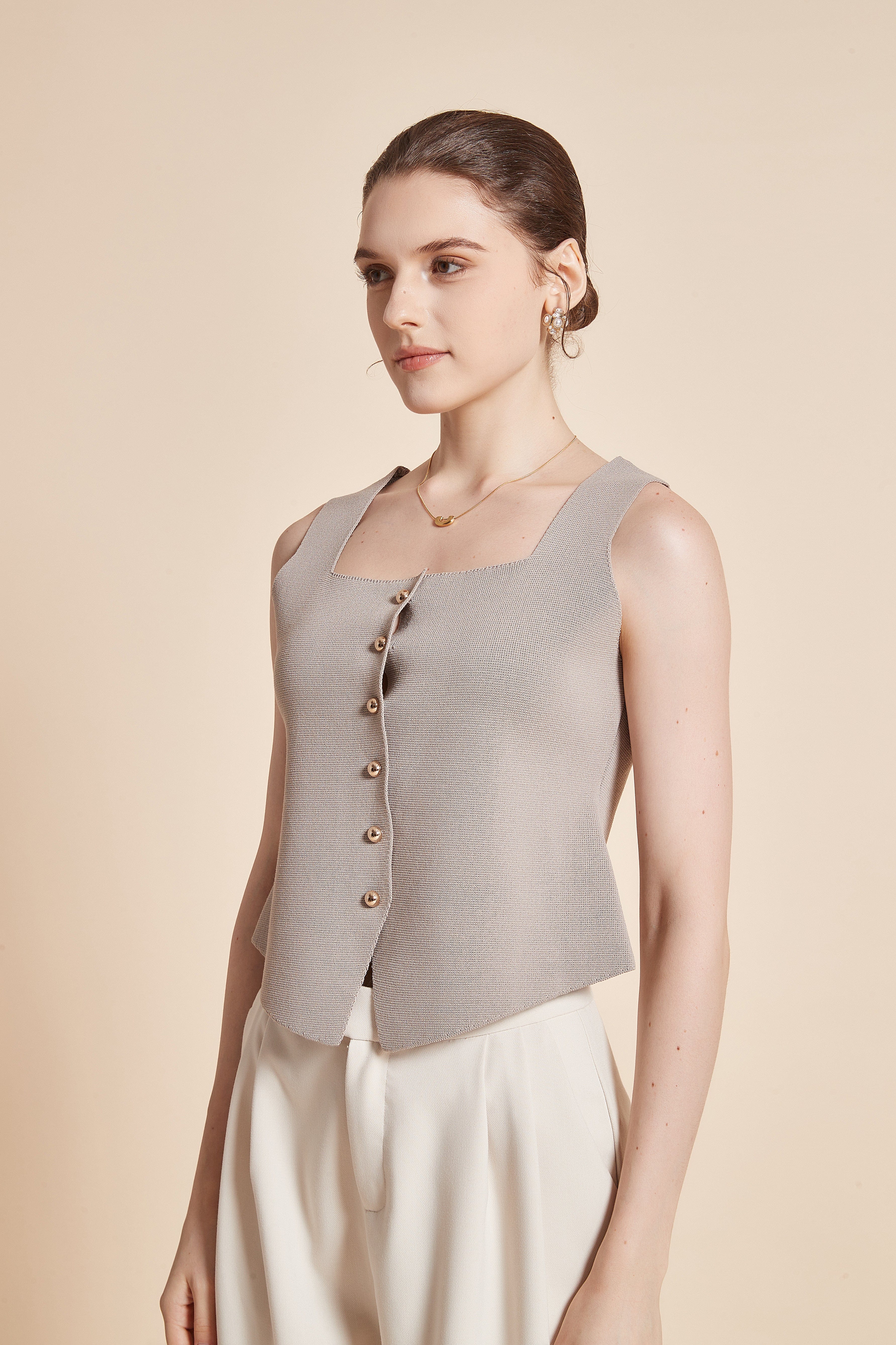 Plain Sleeveless Blouse With Front Buttons