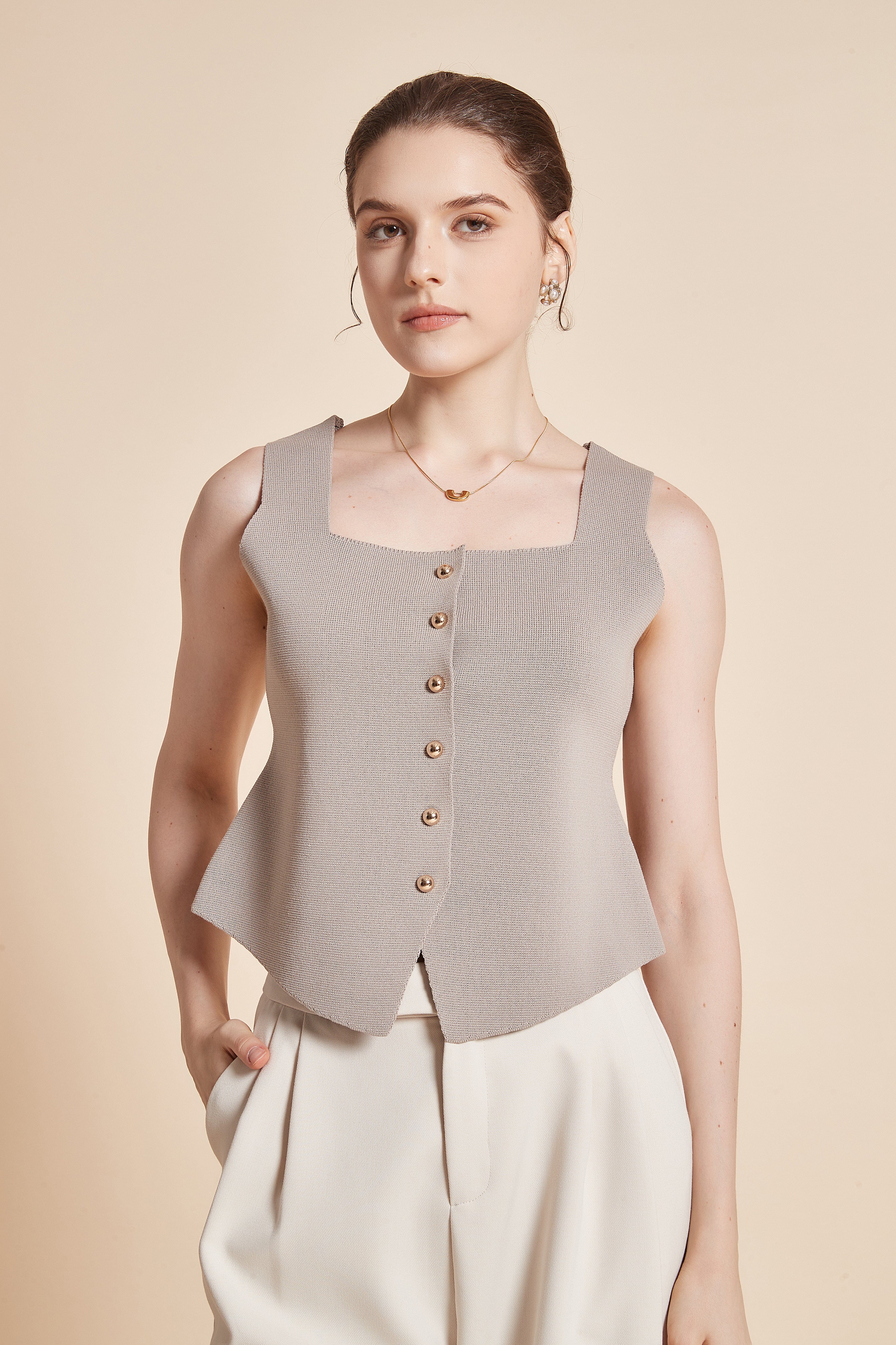 Plain Sleeveless Blouse With Front Buttons