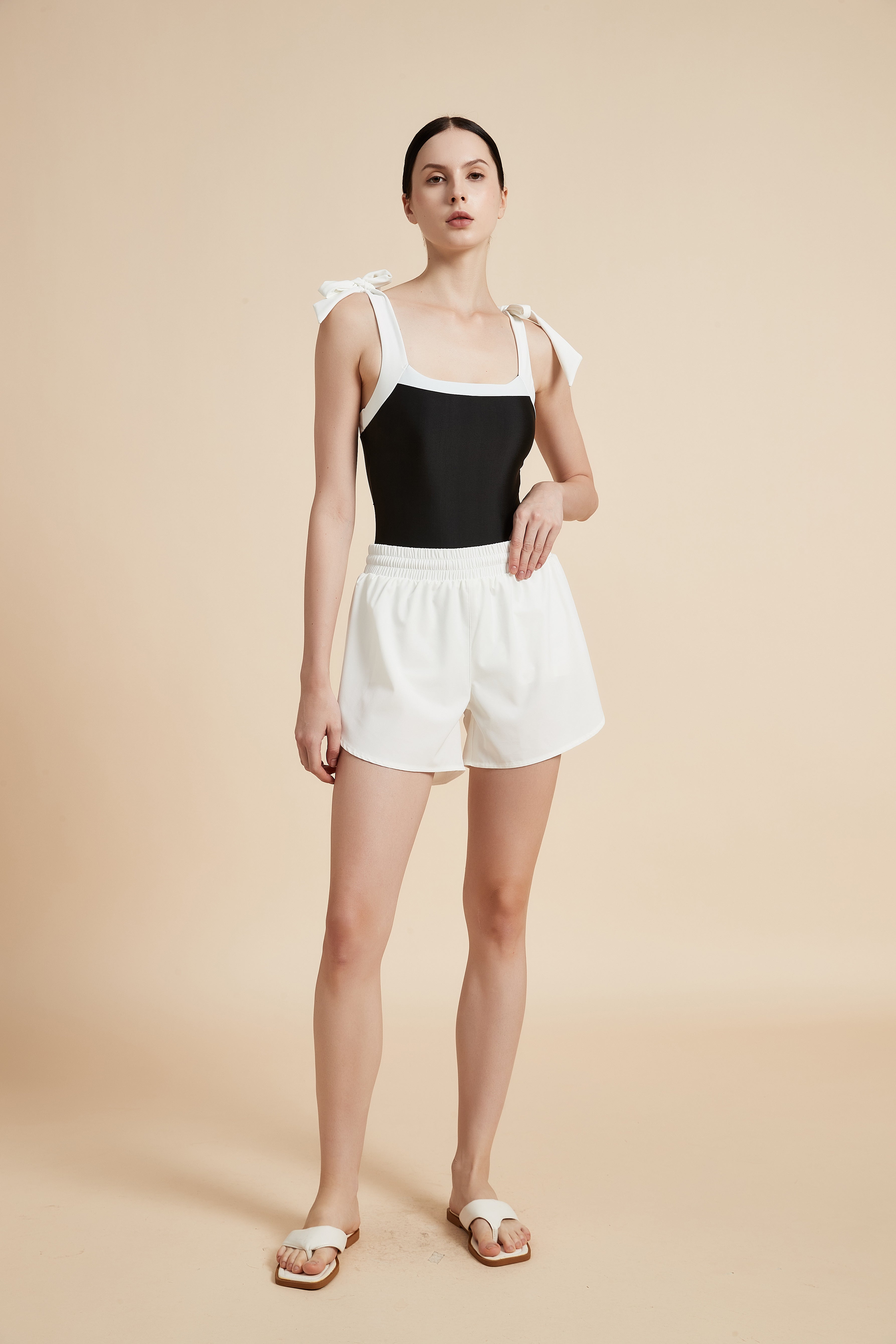 Shoulder Bow Swimsuit with Square Neck