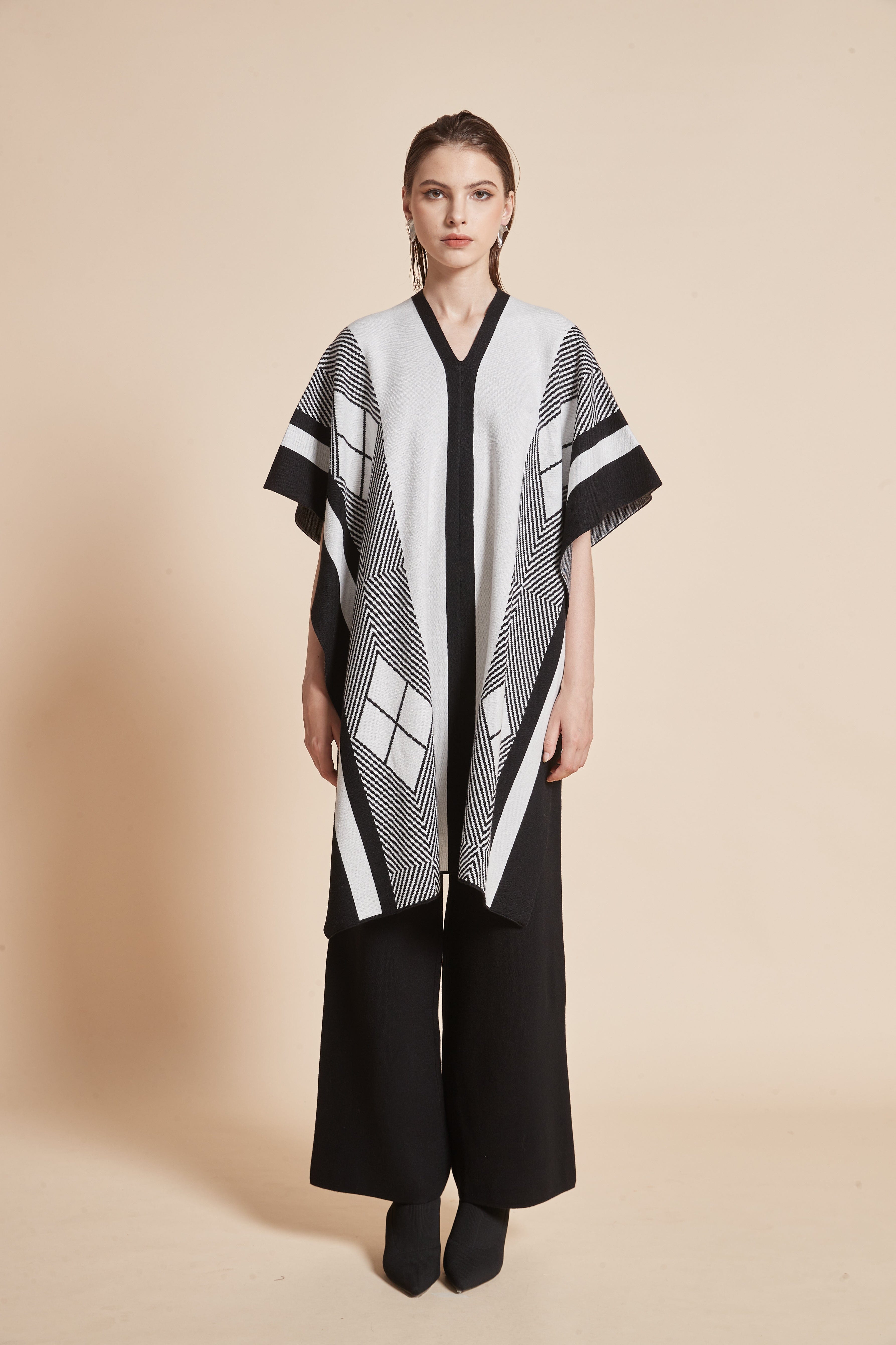 Long V-neck blouse with striped and checkered details