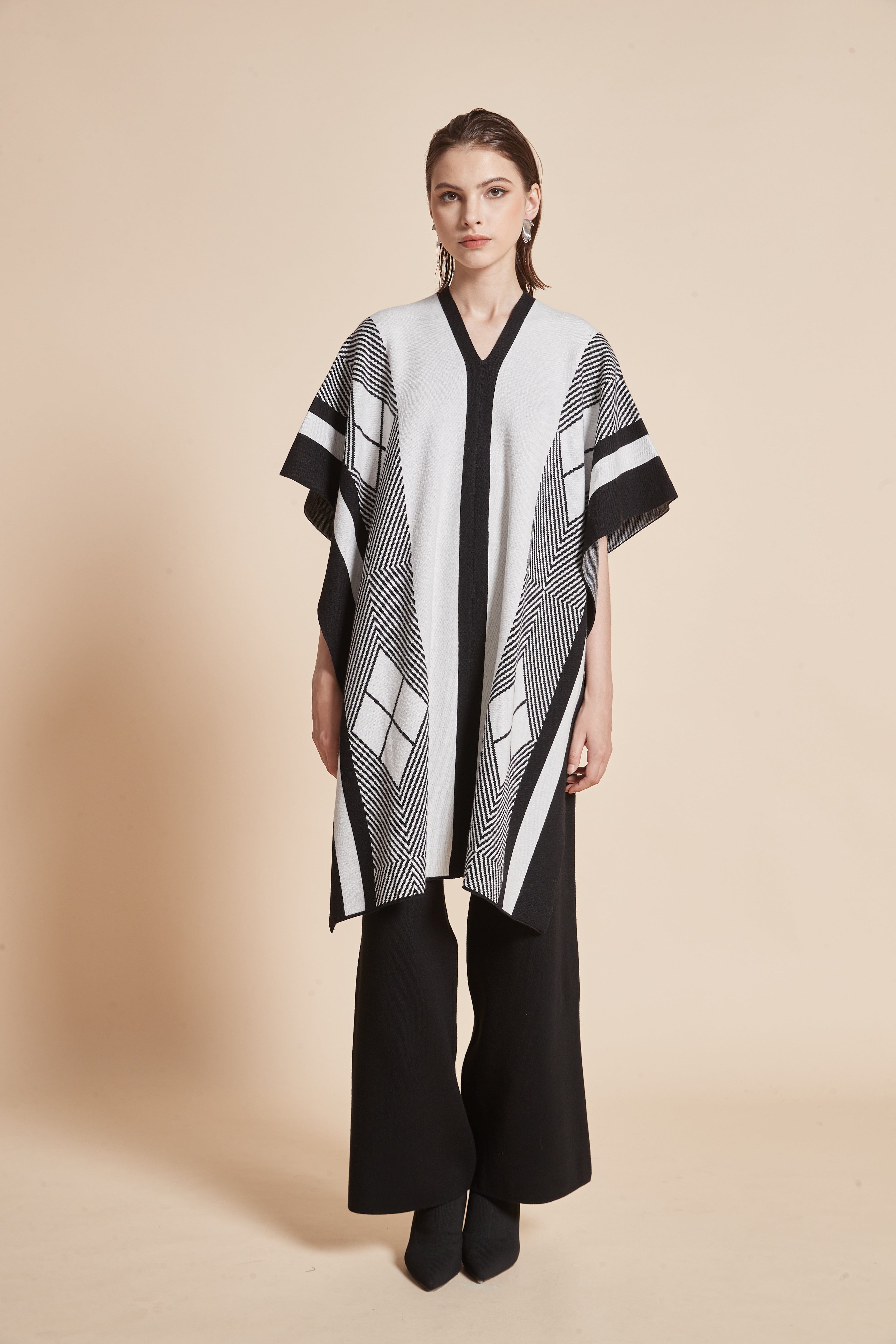 Long V-neck blouse with striped and checkered details