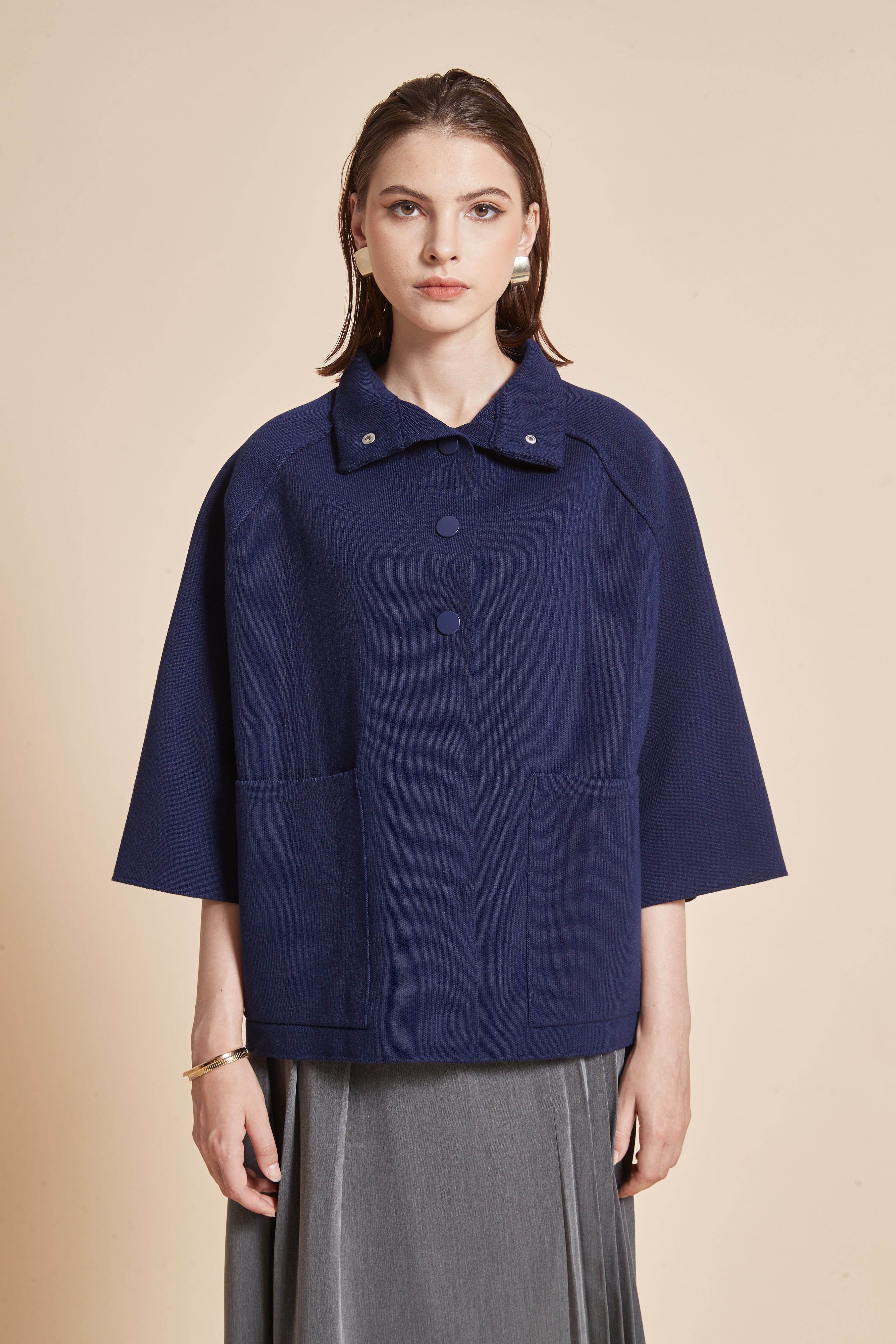 Winter Jacket, Half Sleeve, Plain With Collar And Front Pockets