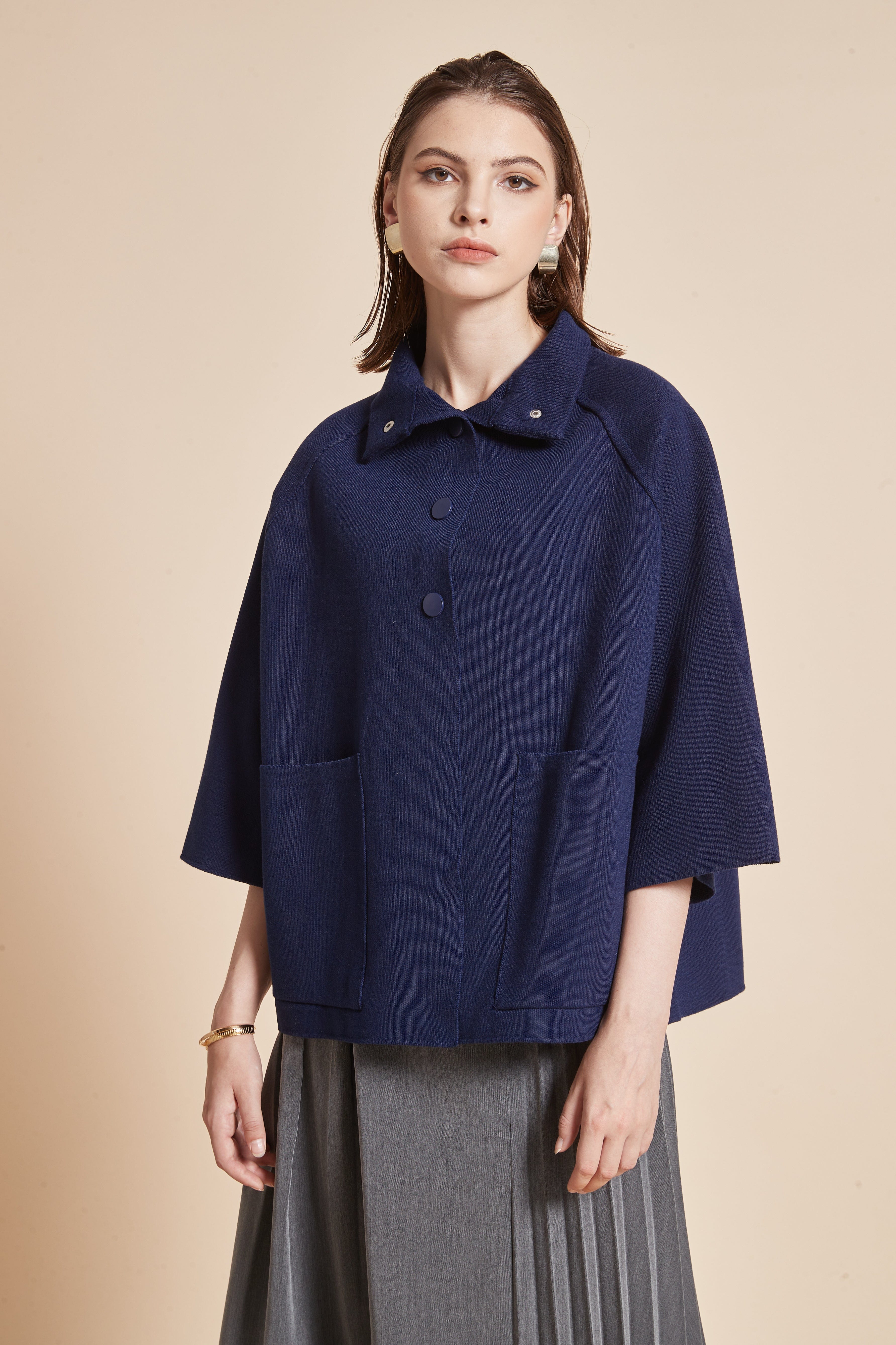 Winter Jacket, Half Sleeve, Plain With Collar And Front Pockets