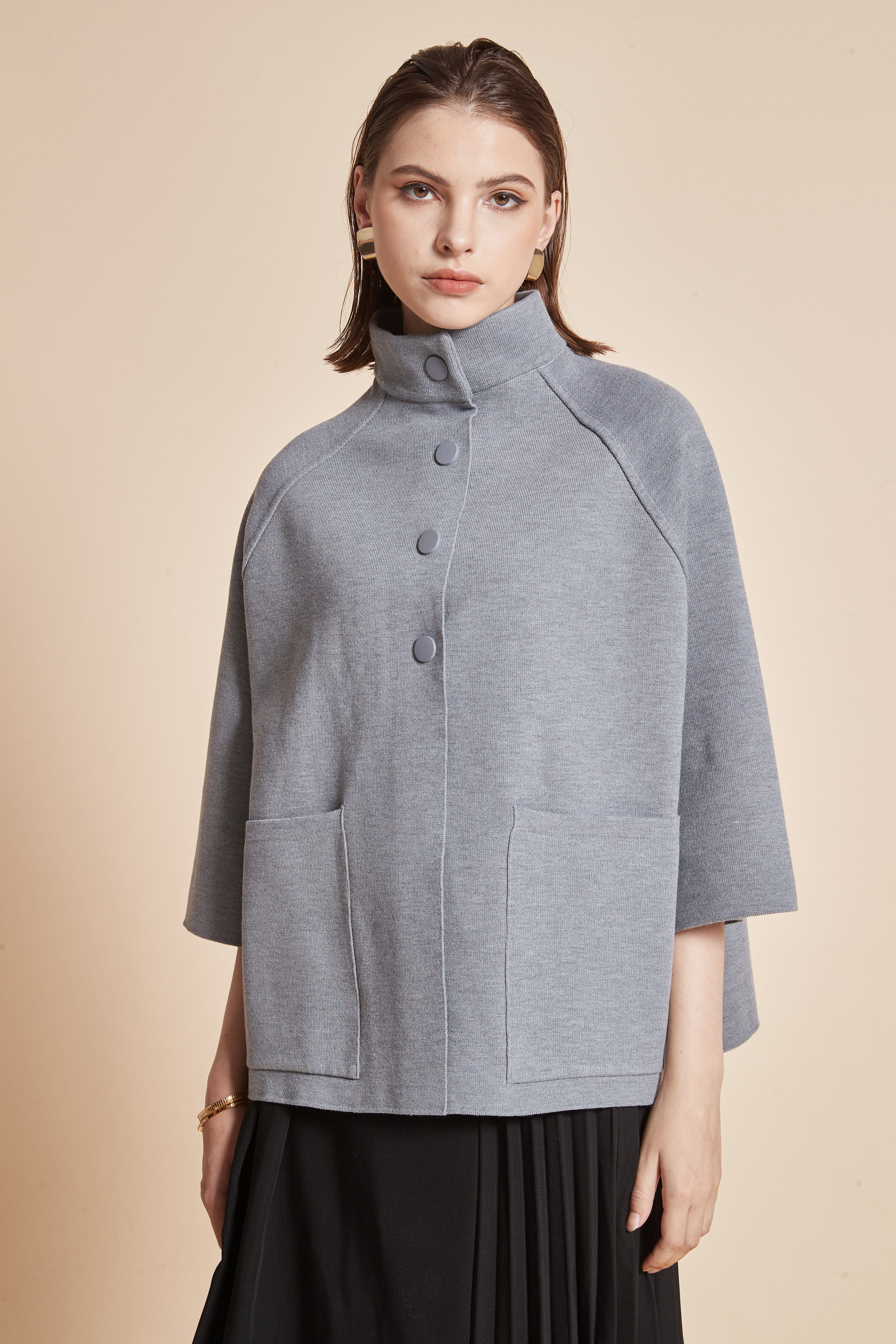 3/4 Sleeve Jacket With High Neck, Front Buttons, And Pockets