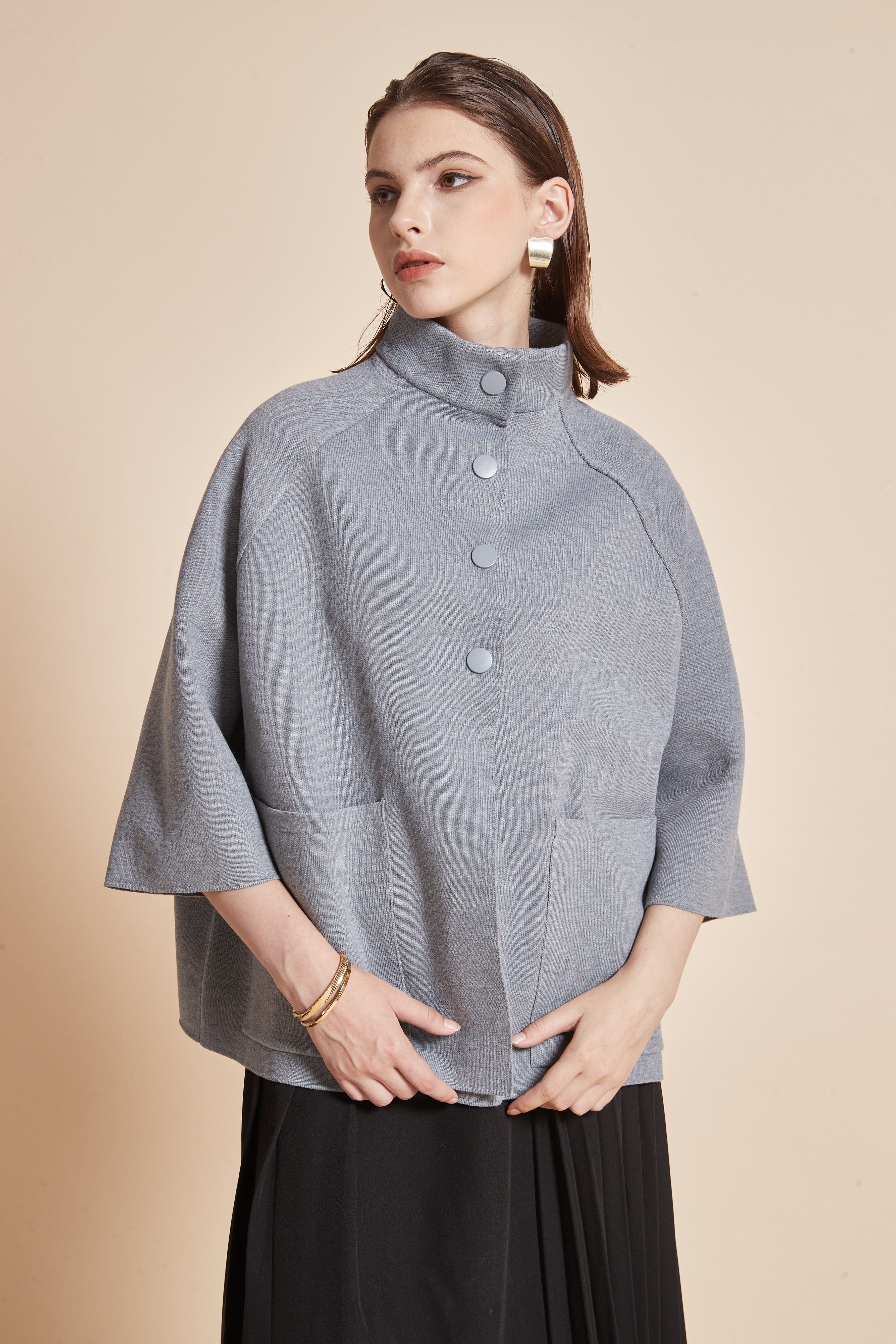 3/4 Sleeve Jacket With High Neck, Front Buttons, And Pockets