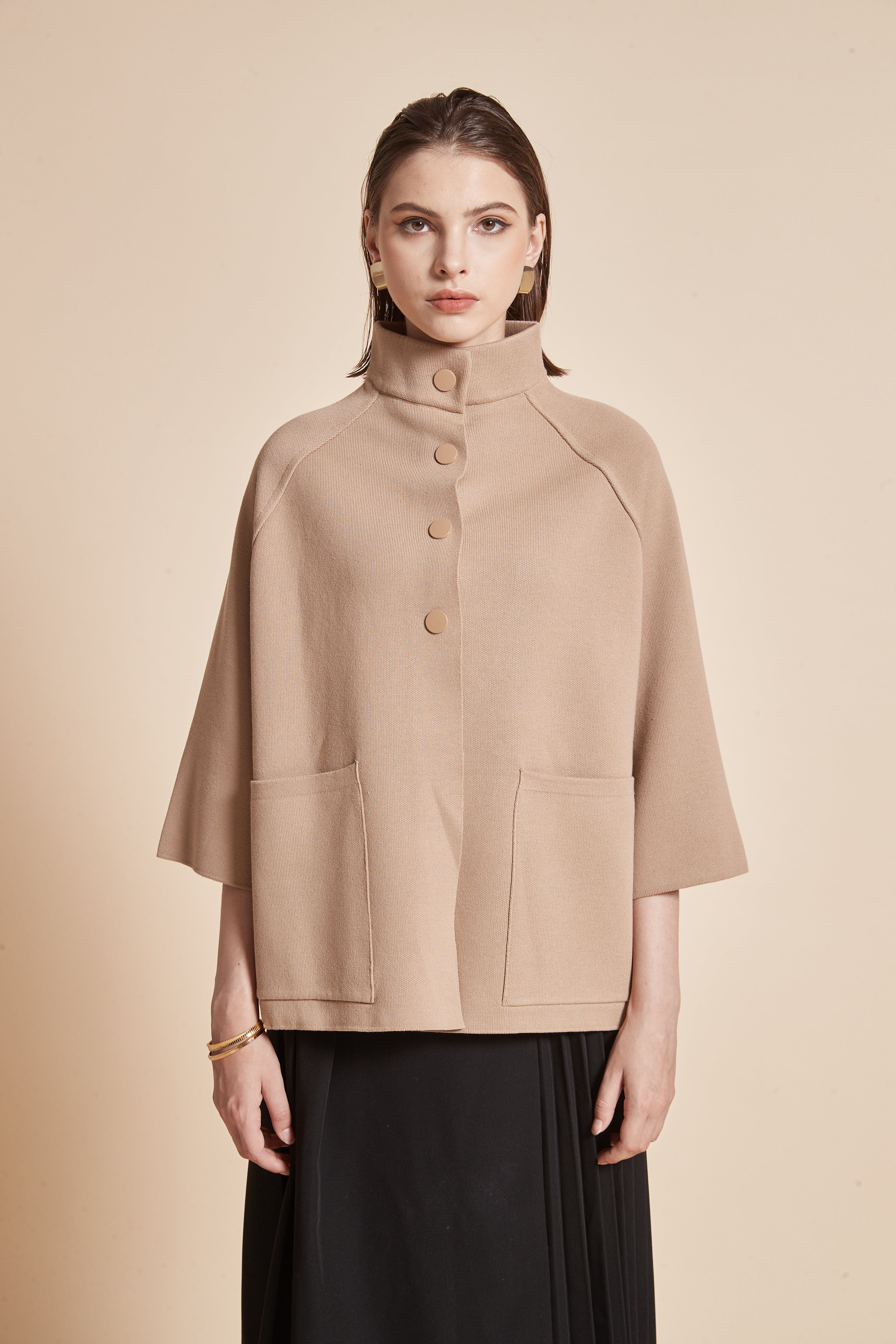 High-Neck Jacket With 3/4 Sleeves And Front Buttons With Pockets