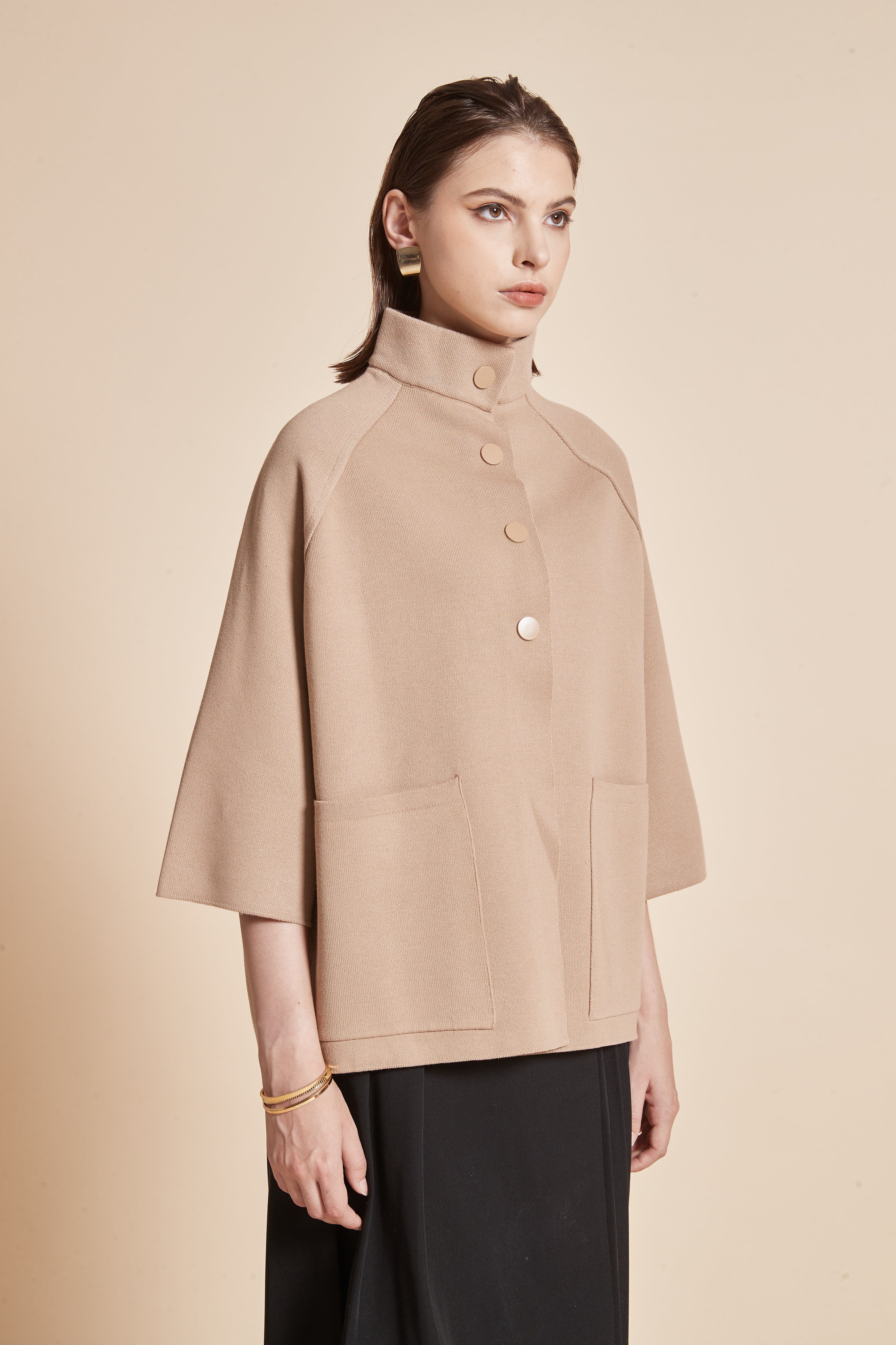 High-Neck Jacket With 3/4 Sleeves And Front Buttons With Pockets