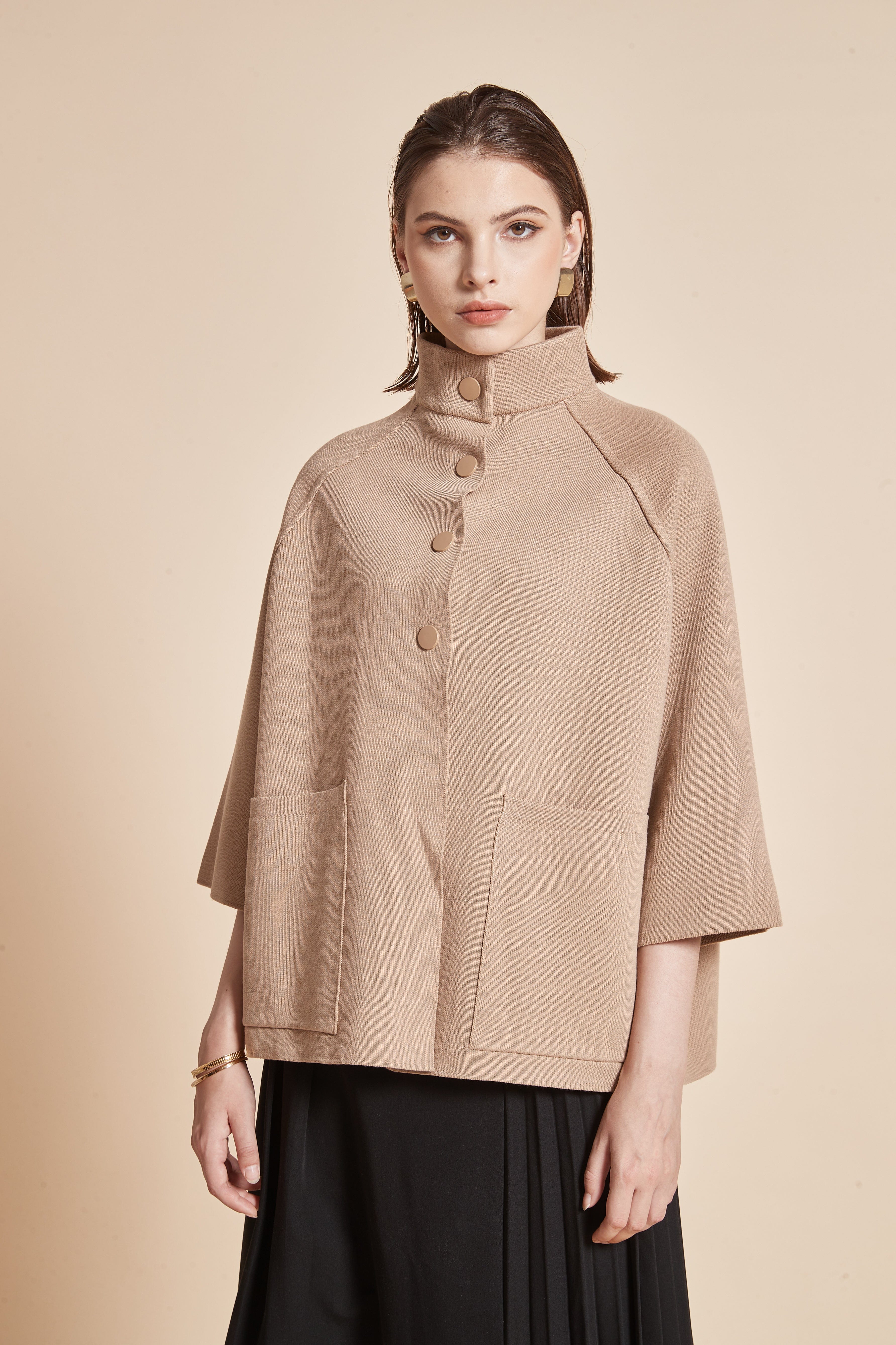 High-Neck Jacket With 3/4 Sleeves And Front Buttons With Pockets