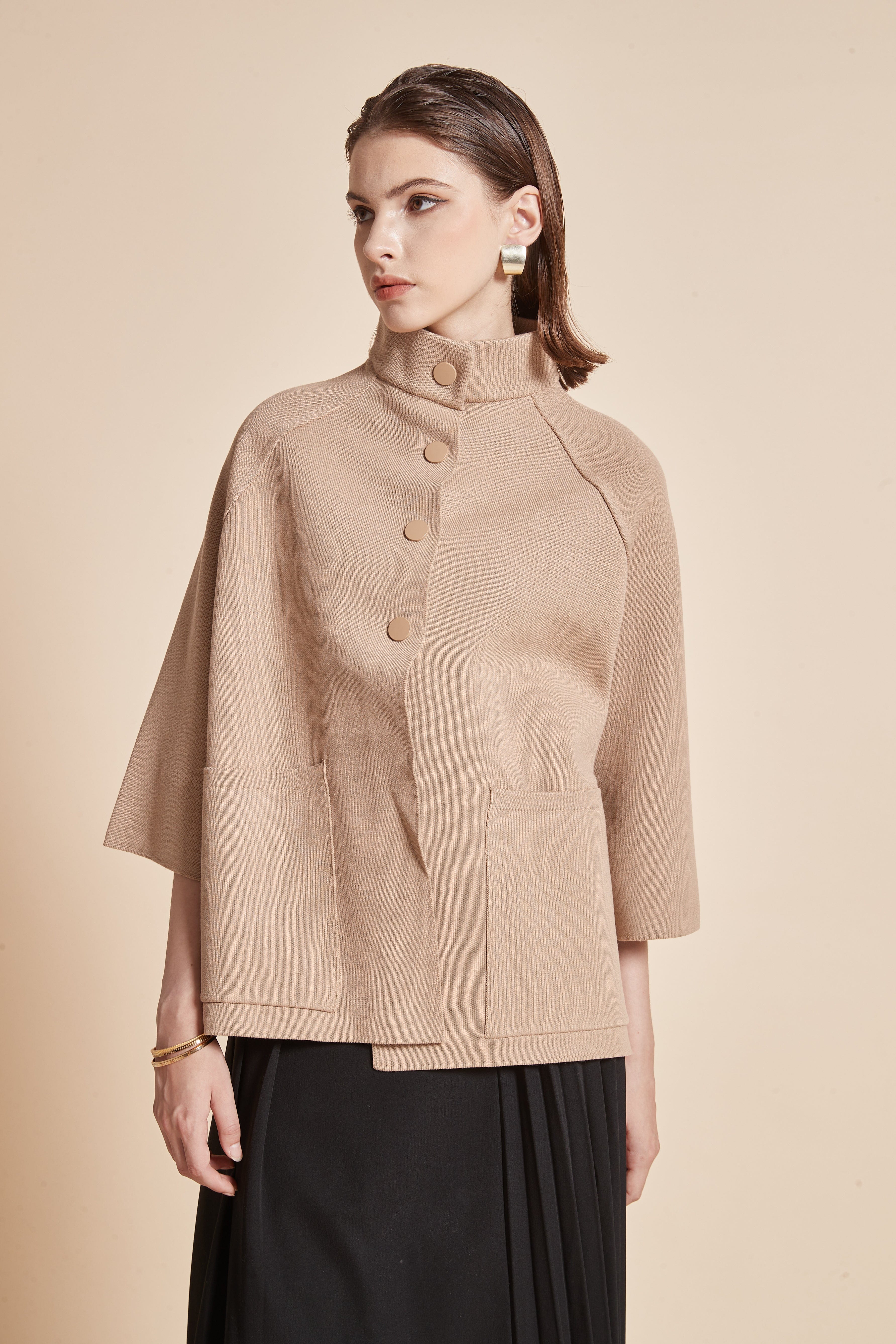 High-Neck Jacket With 3/4 Sleeves And Front Buttons With Pockets