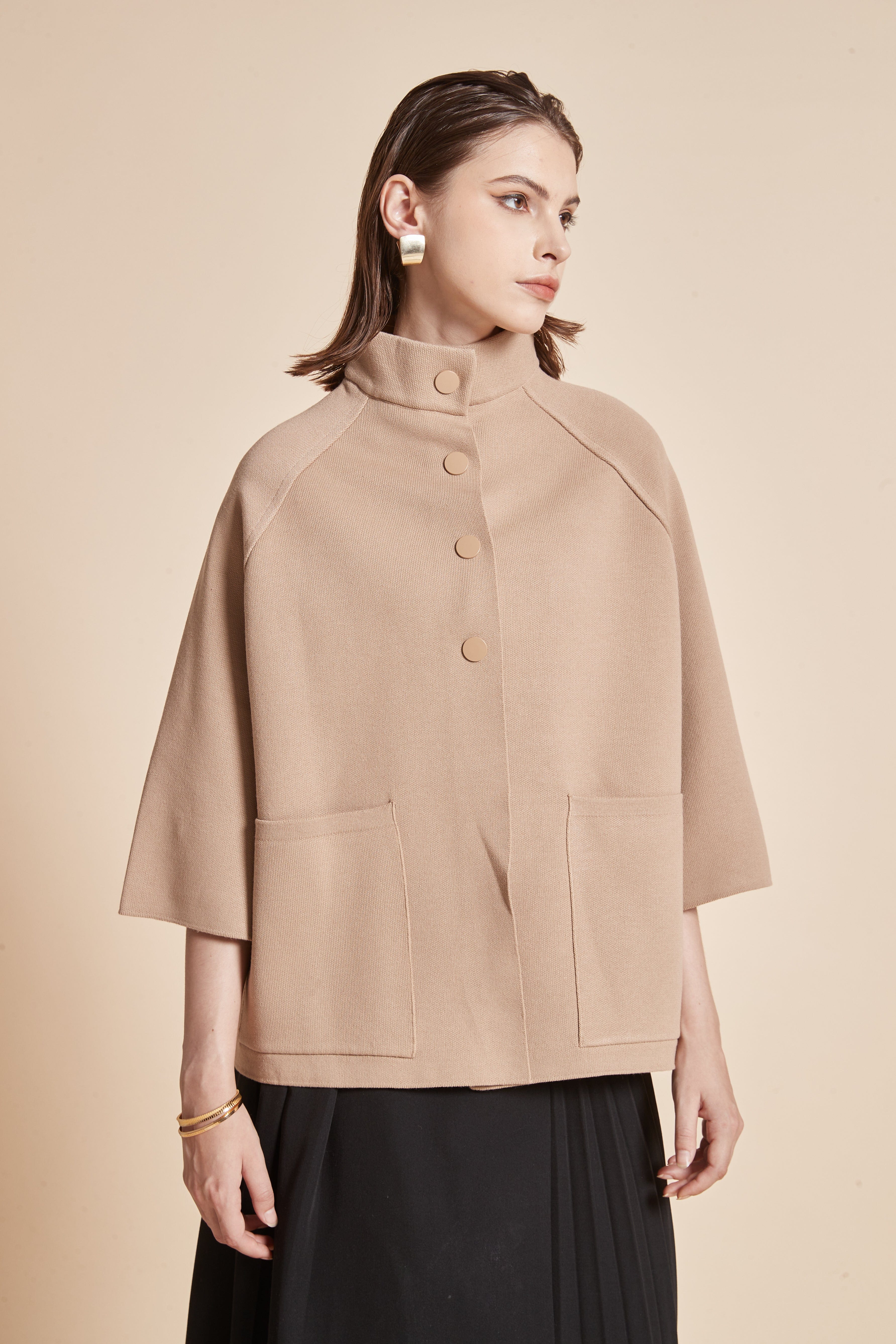 High-Neck Jacket With 3/4 Sleeves And Front Buttons With Pockets