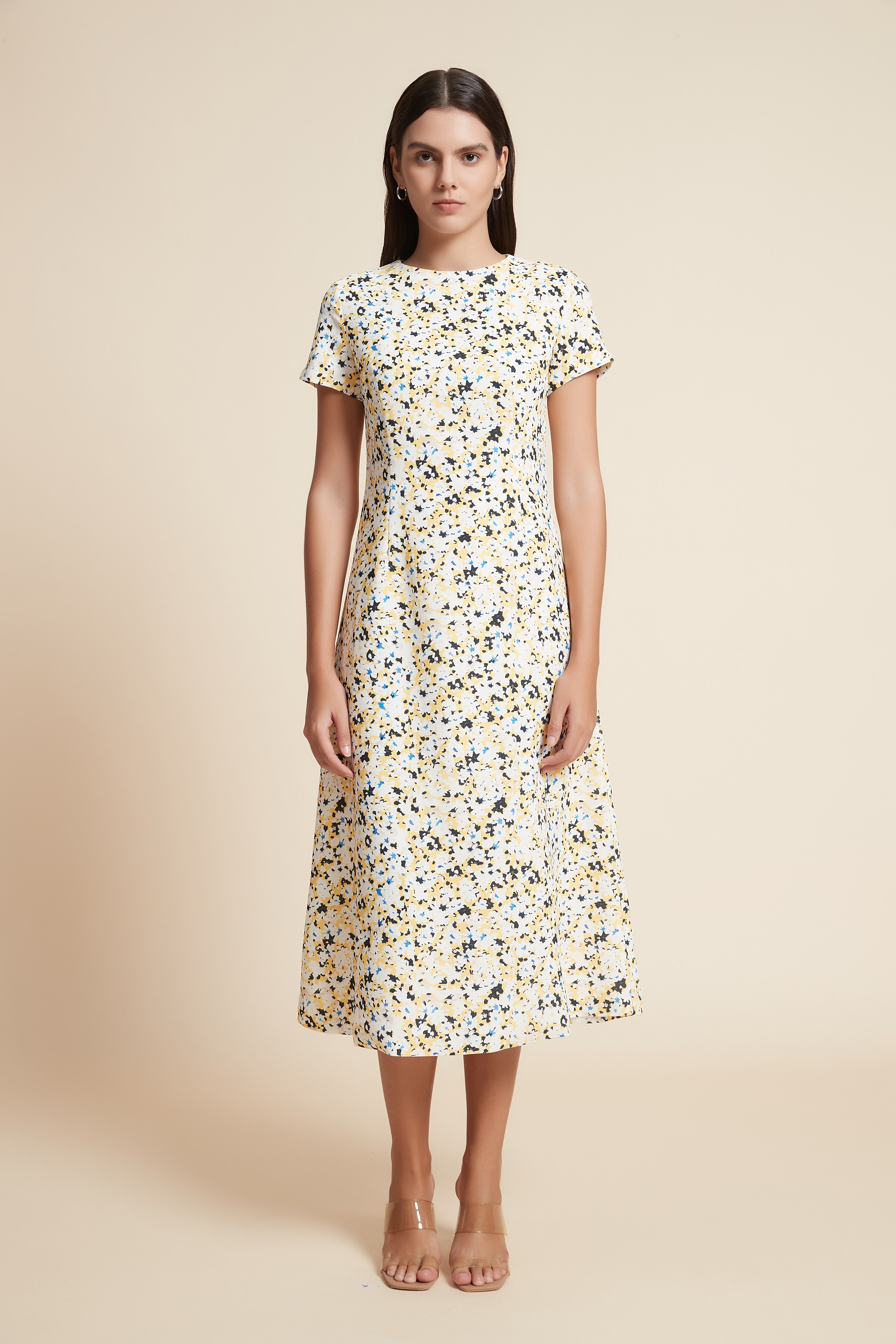 Short Sleeve Printed Midi Dress with Round Neck