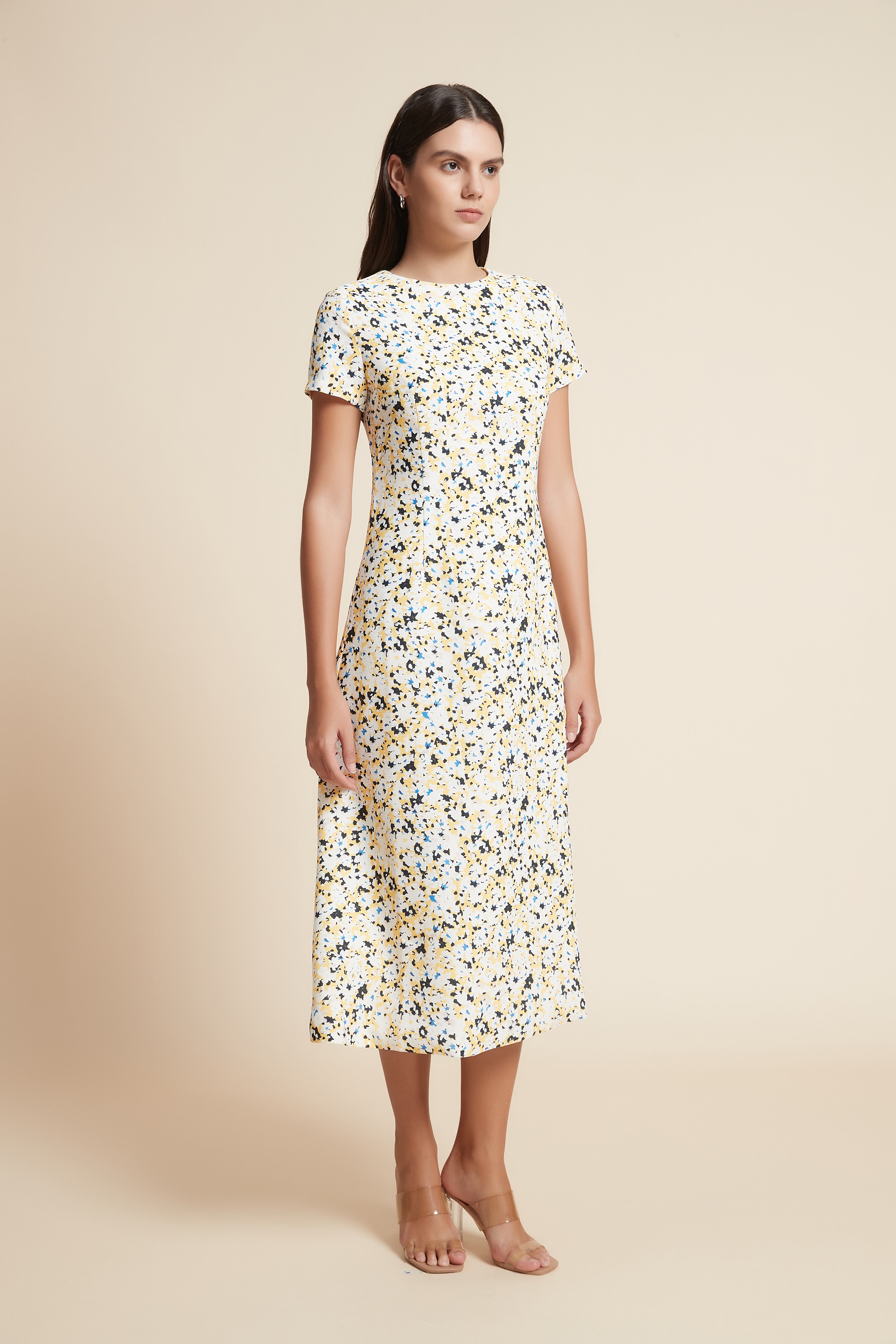 Short Sleeve Printed Midi Dress with Round Neck
