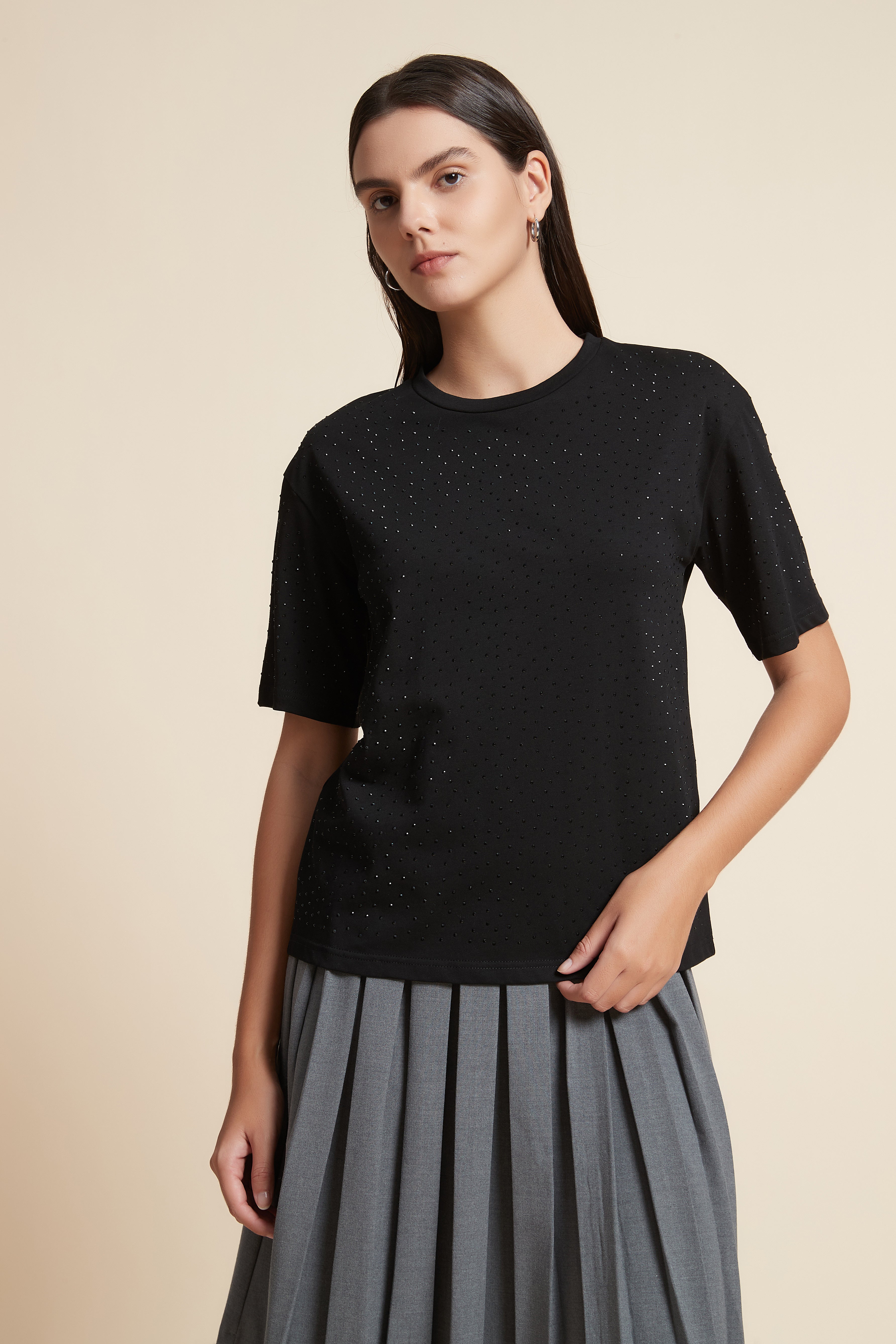 Shiny Half Sleeve Top with Round Neck