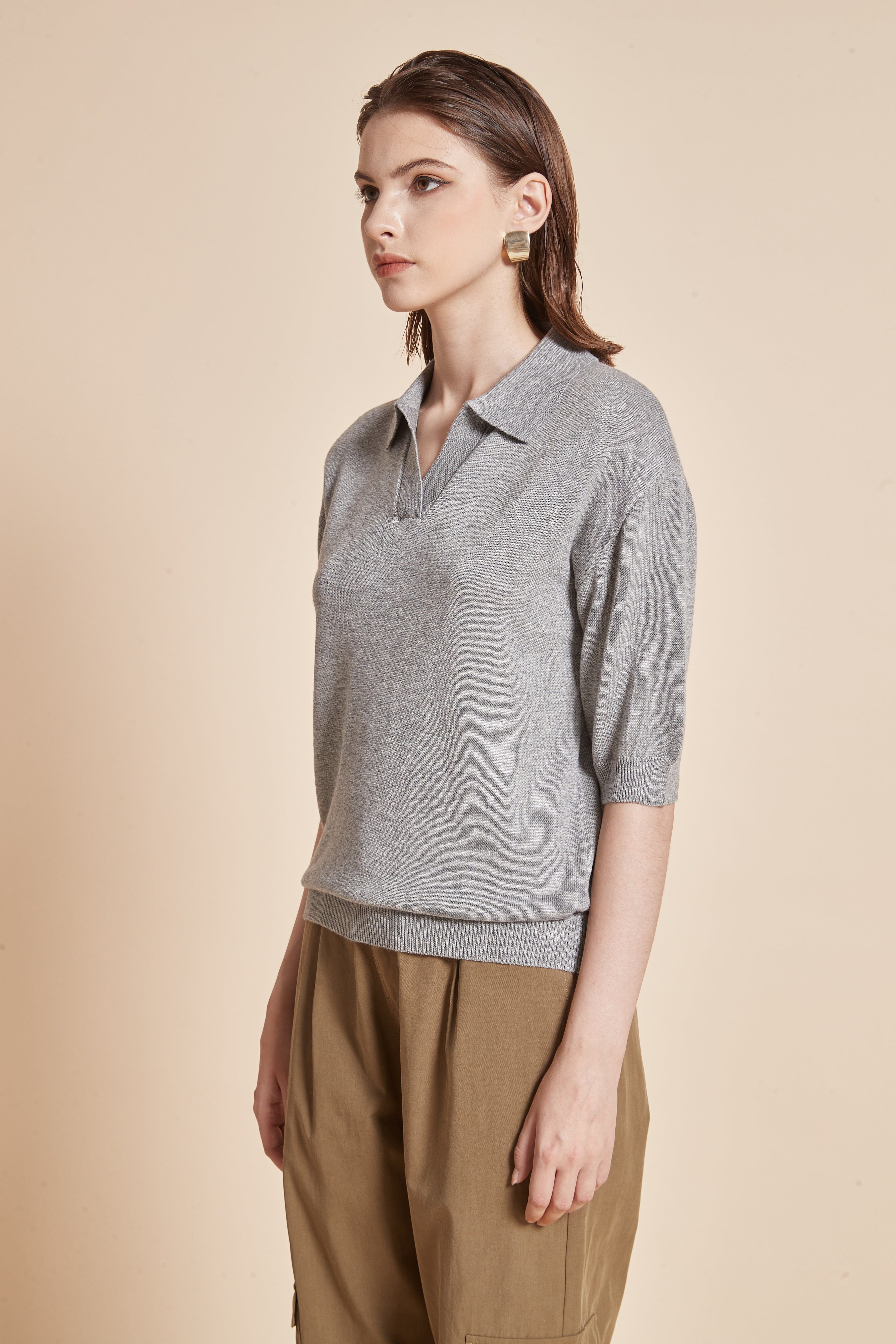 Plain Half-Sleeve Blouse With V-Neck And Collar