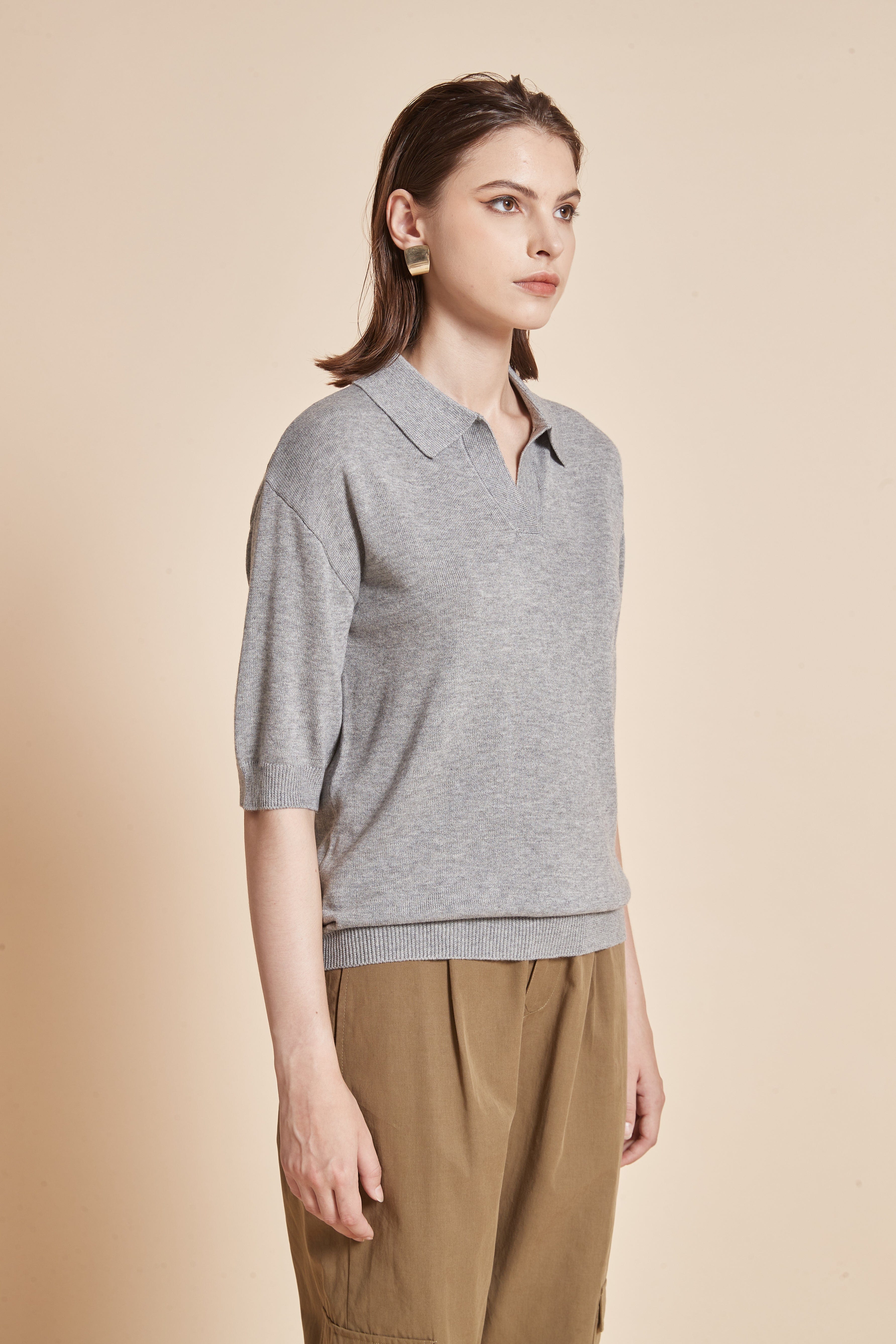 Plain Half-Sleeve Blouse With V-Neck And Collar