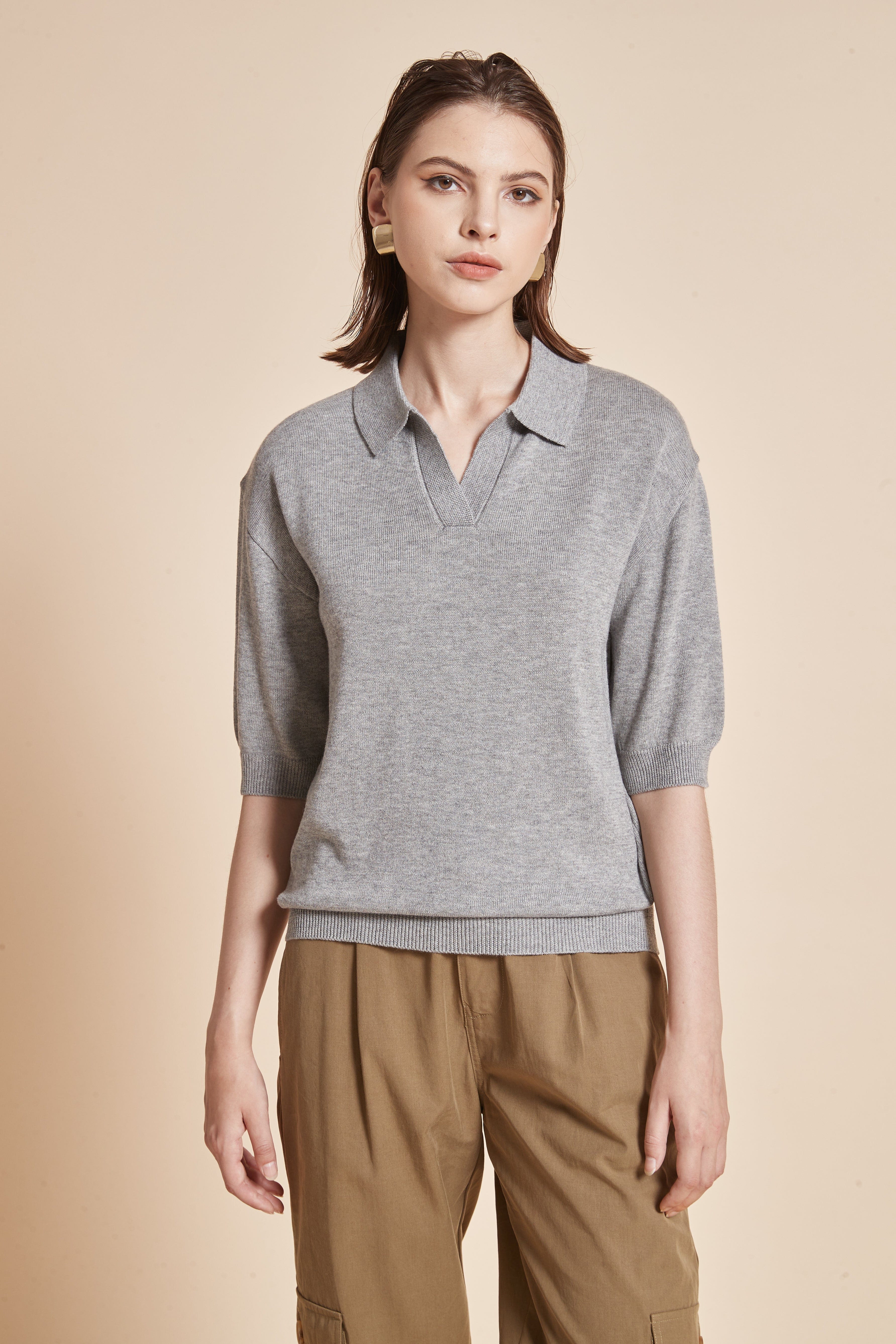 Plain Half-Sleeve Blouse With V-Neck And Collar