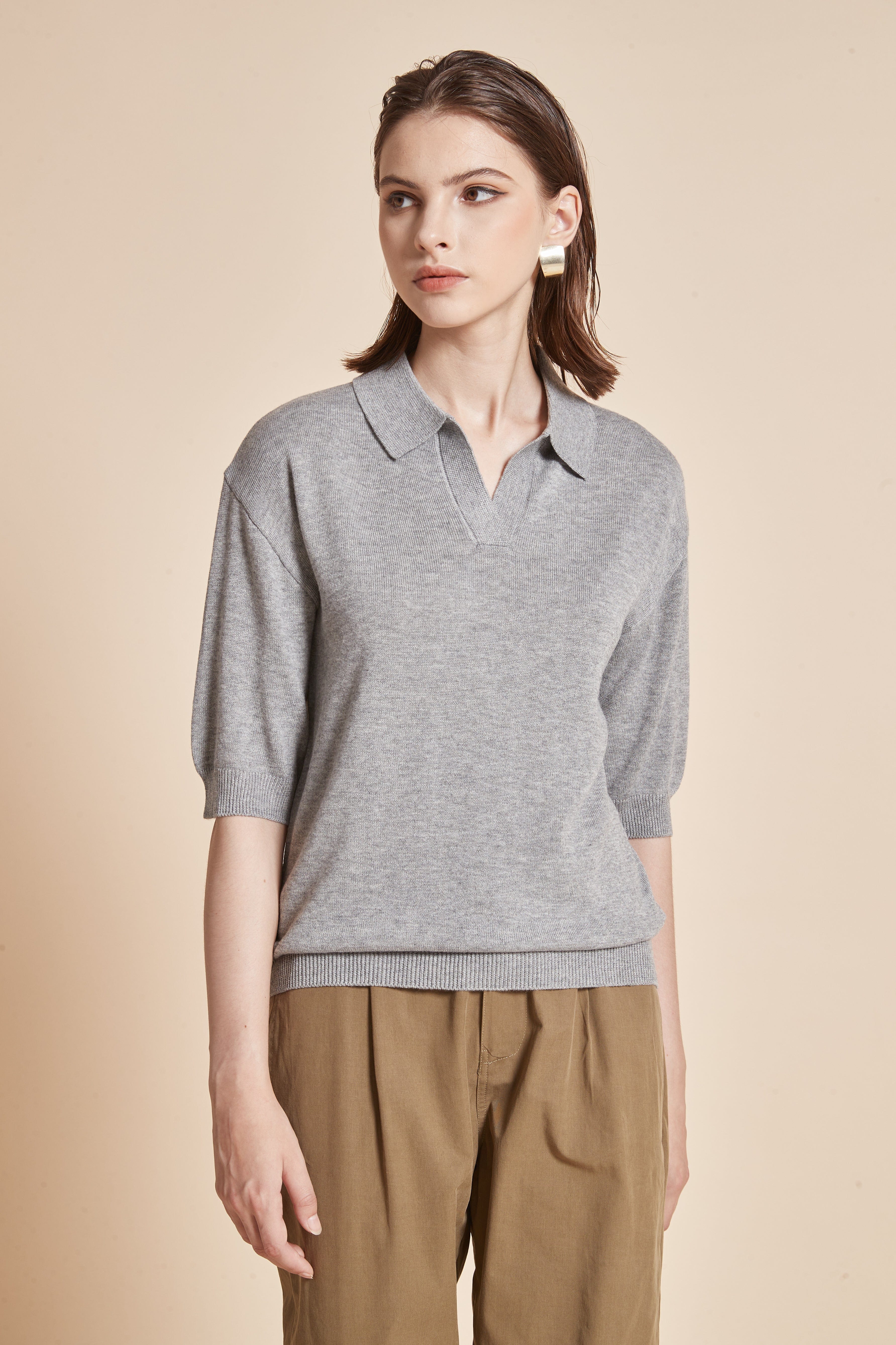 Plain Half-Sleeve Blouse With V-Neck And Collar