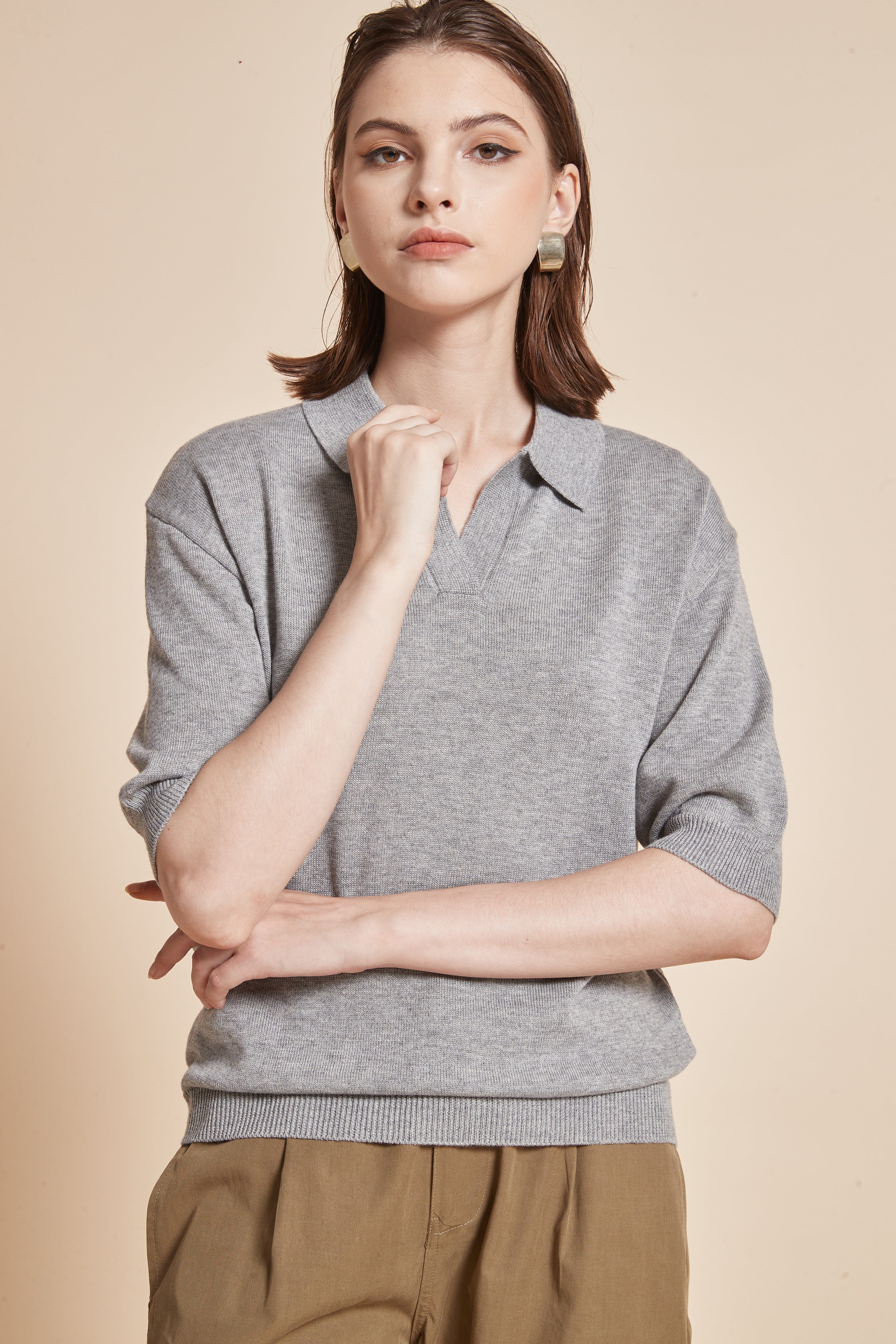 Plain Half-Sleeve Blouse With V-Neck And Collar