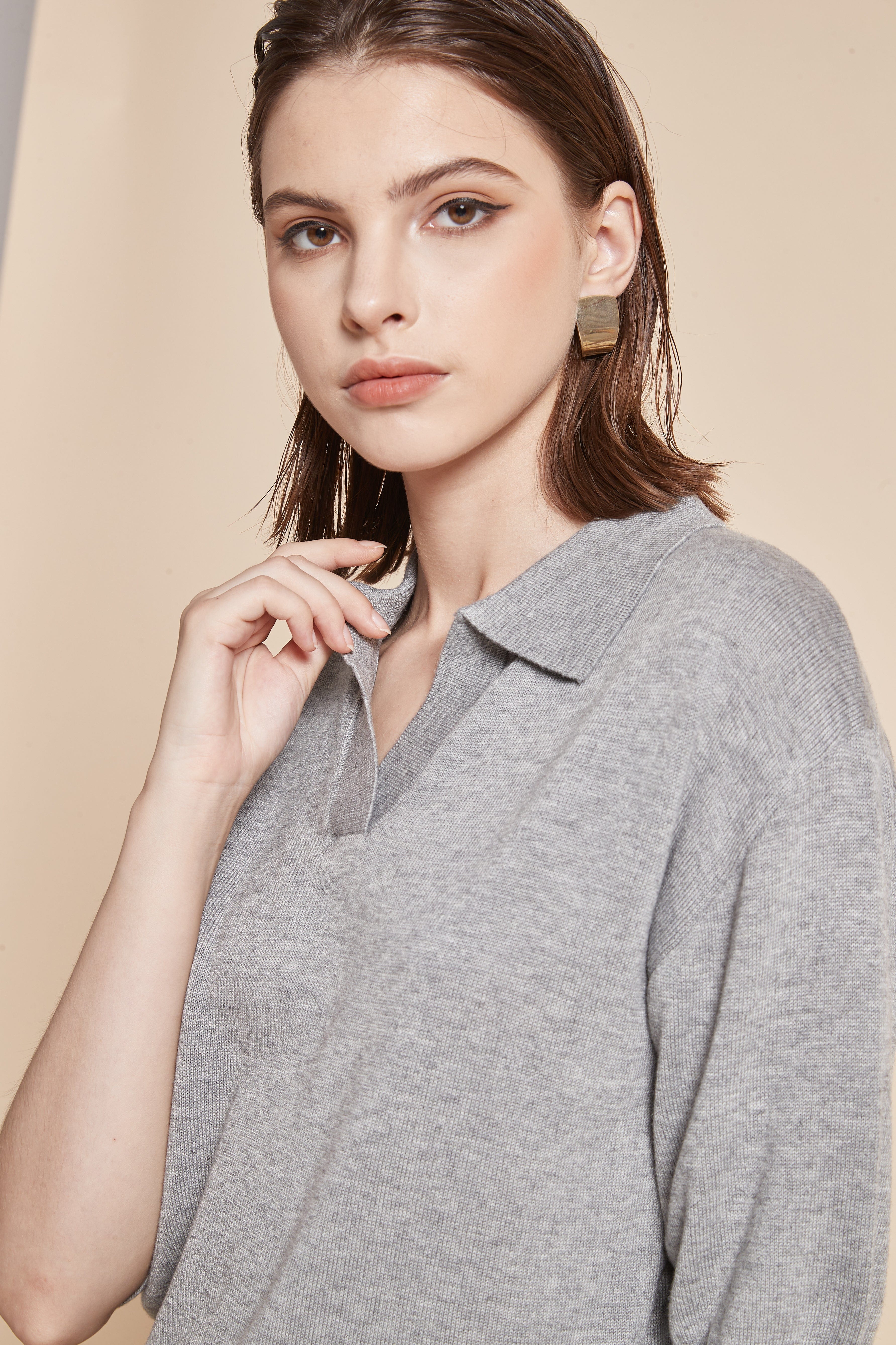 Plain Half-Sleeve Blouse With V-Neck And Collar