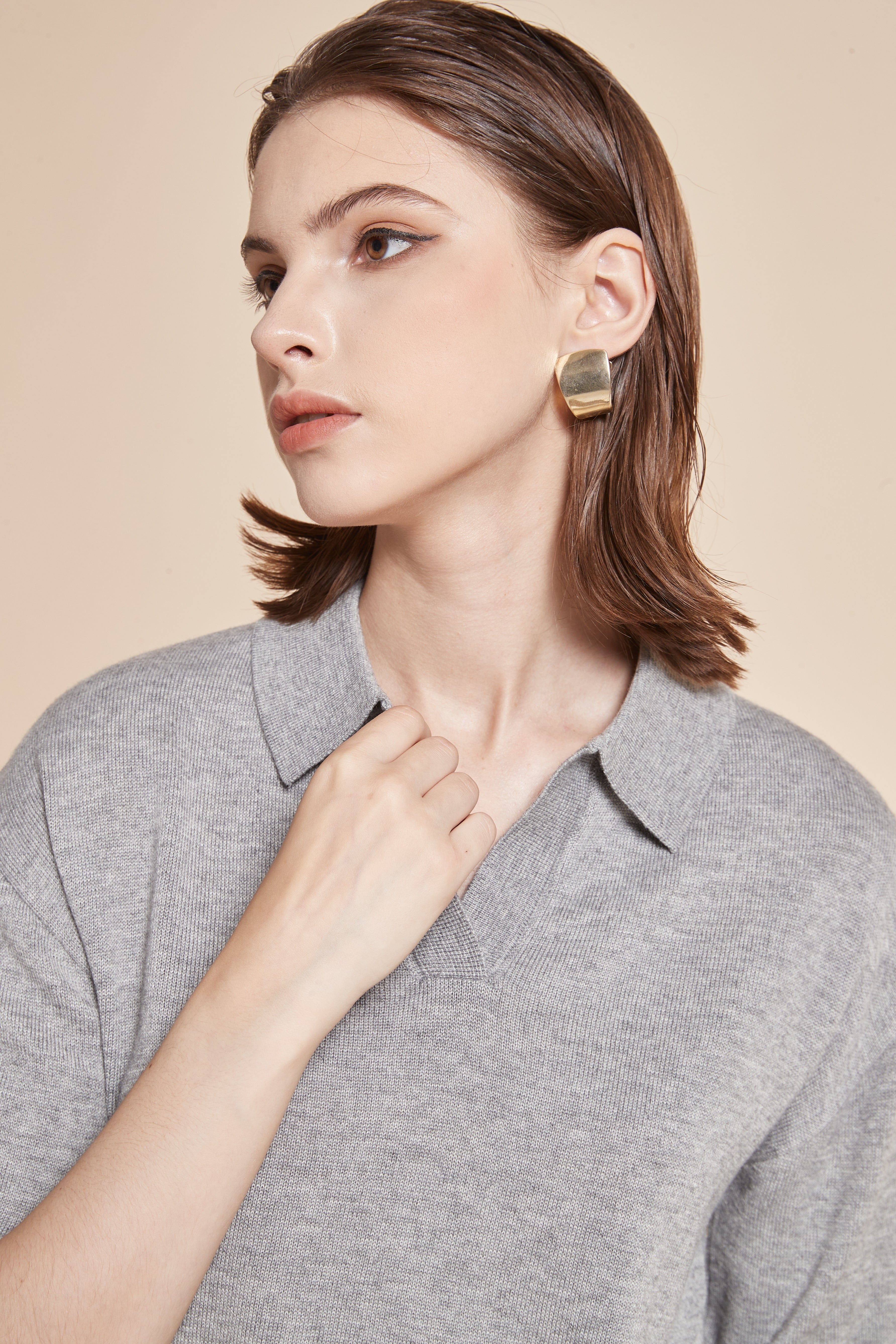 Plain Half-Sleeve Blouse With V-Neck And Collar