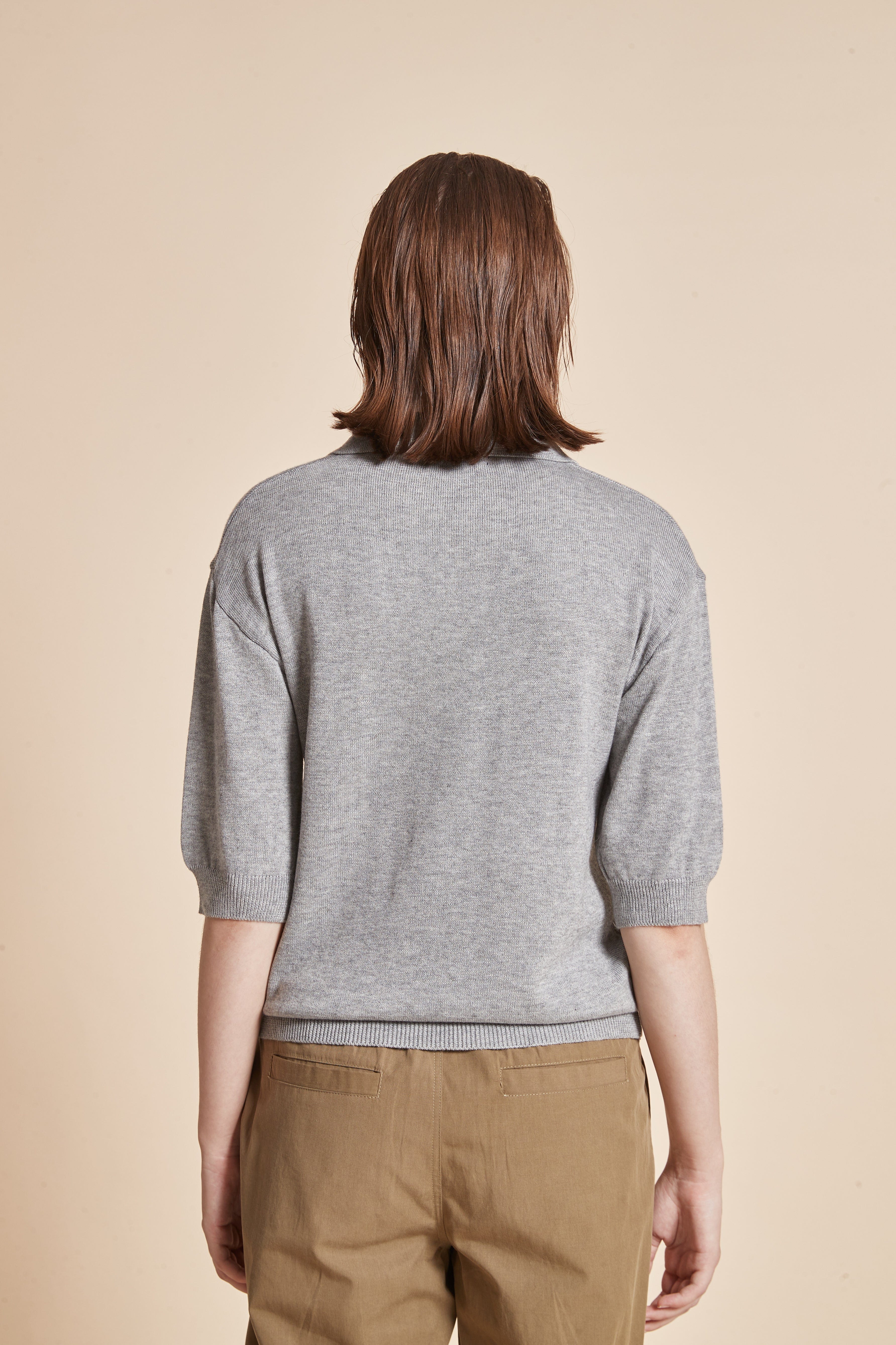 Plain Half-Sleeve Blouse With V-Neck And Collar