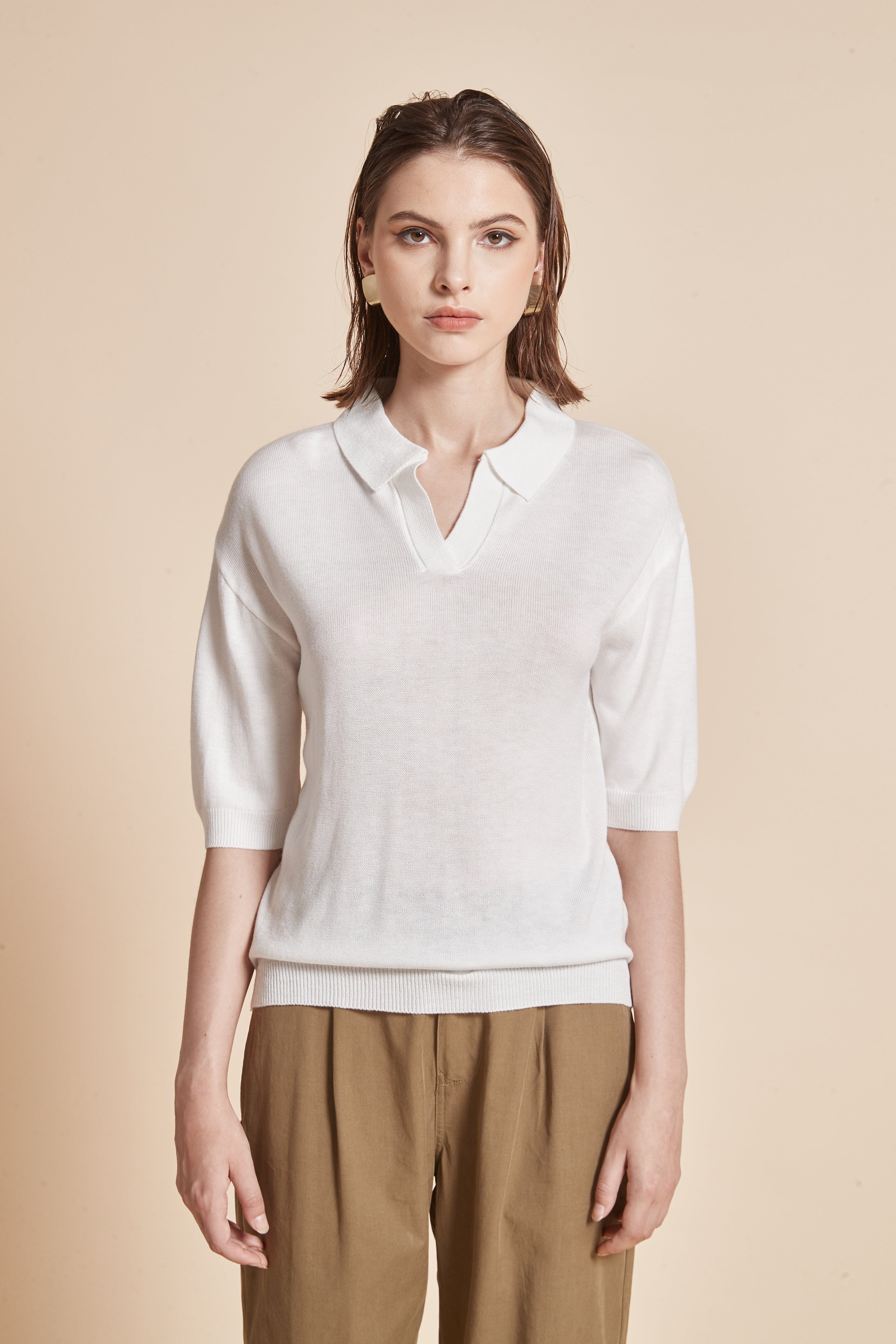 Plain Half-Sleeve Blouse With Collar