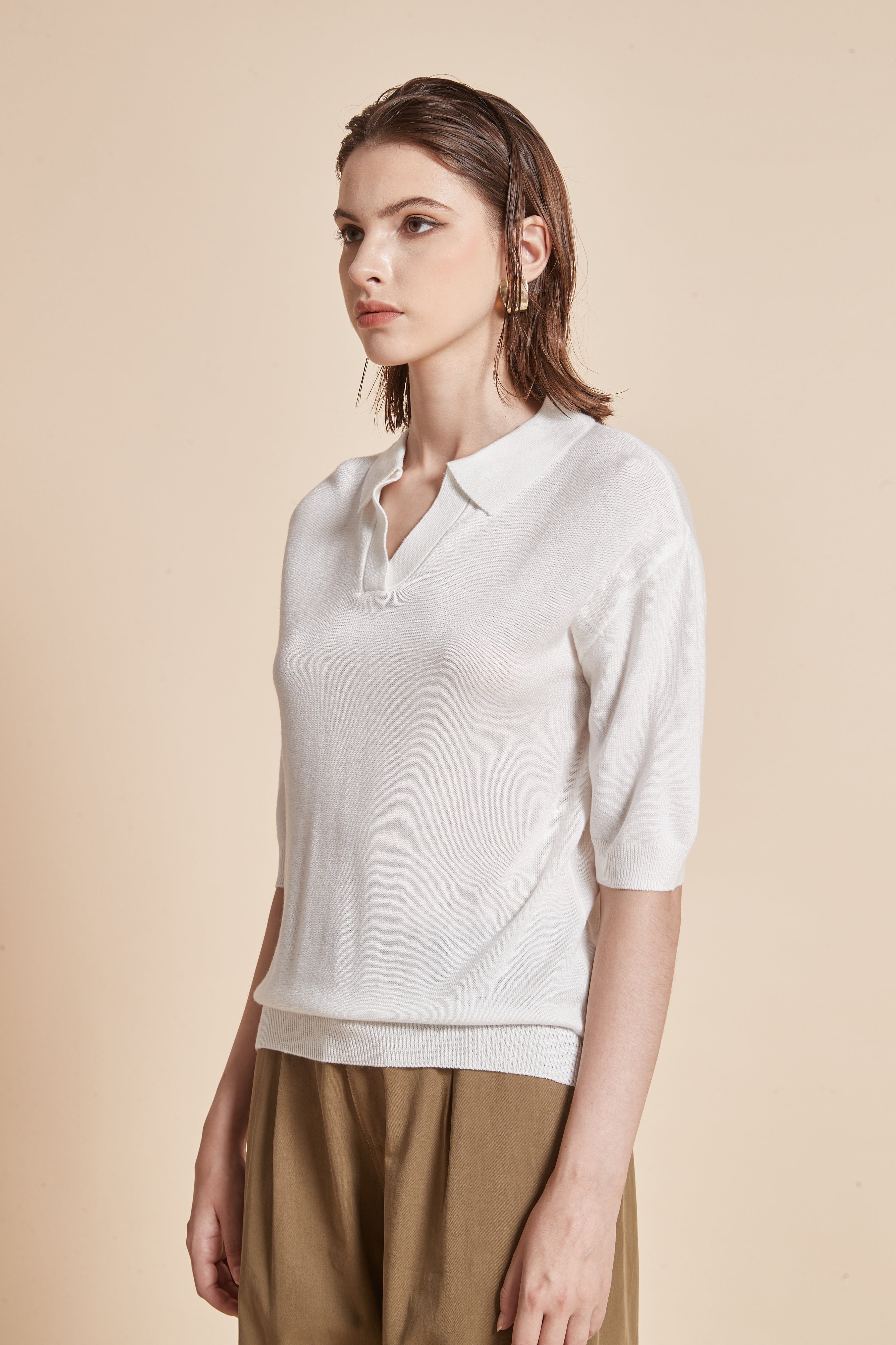 Plain Half-Sleeve Blouse With Collar