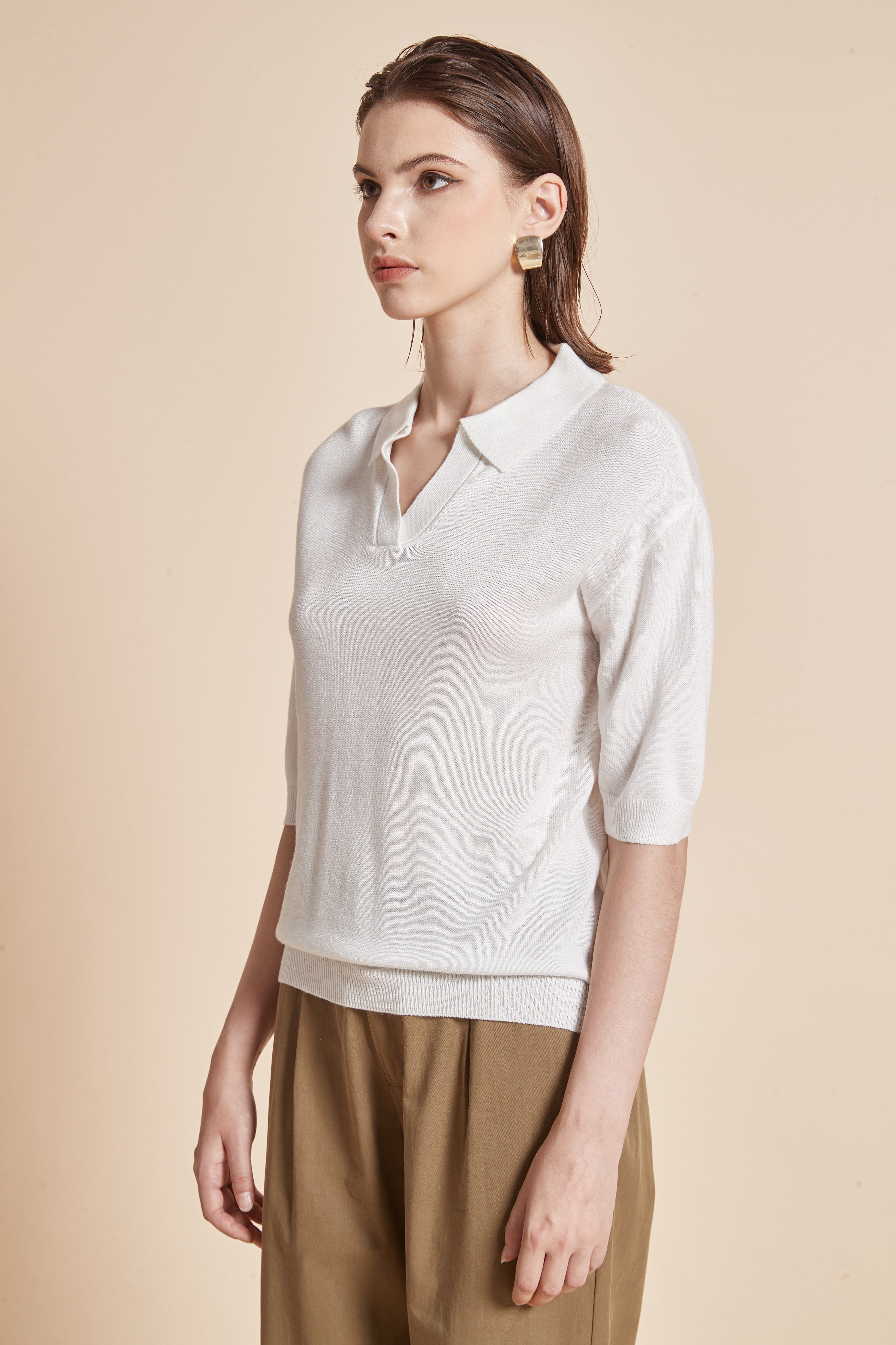 Plain Half-Sleeve Blouse With Collar