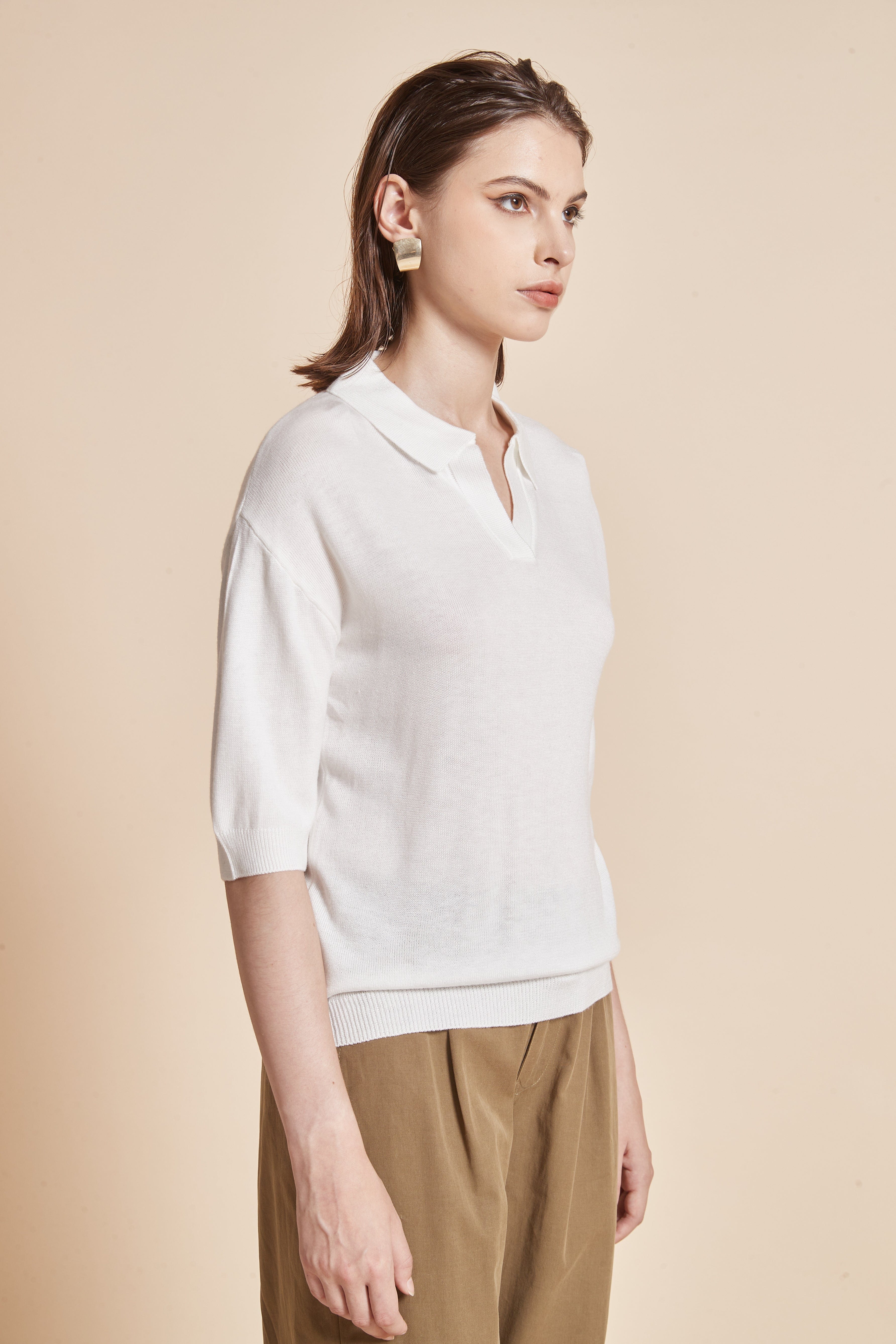 Plain Half-Sleeve Blouse With Collar