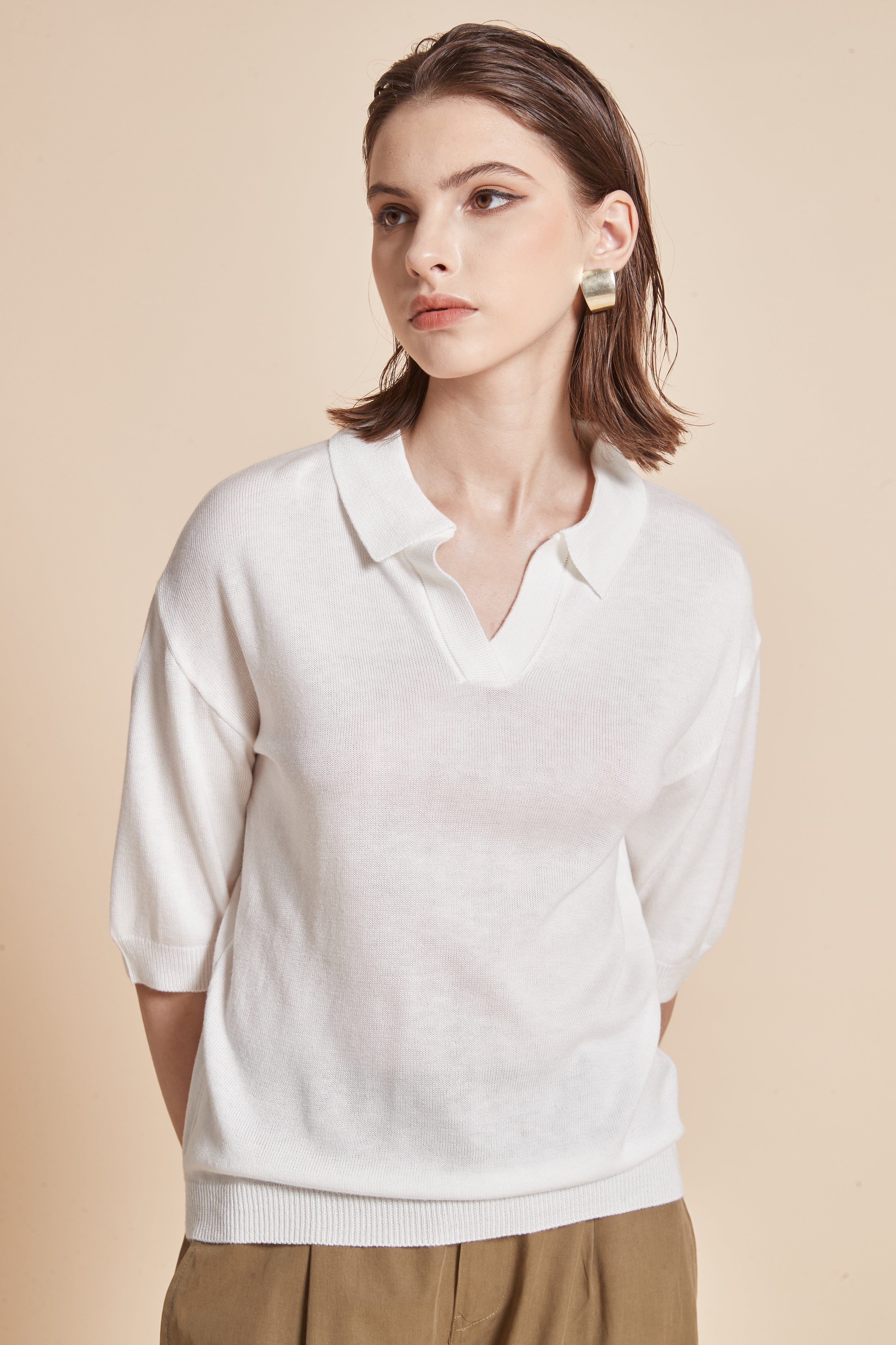 Plain Half-Sleeve Blouse With Collar