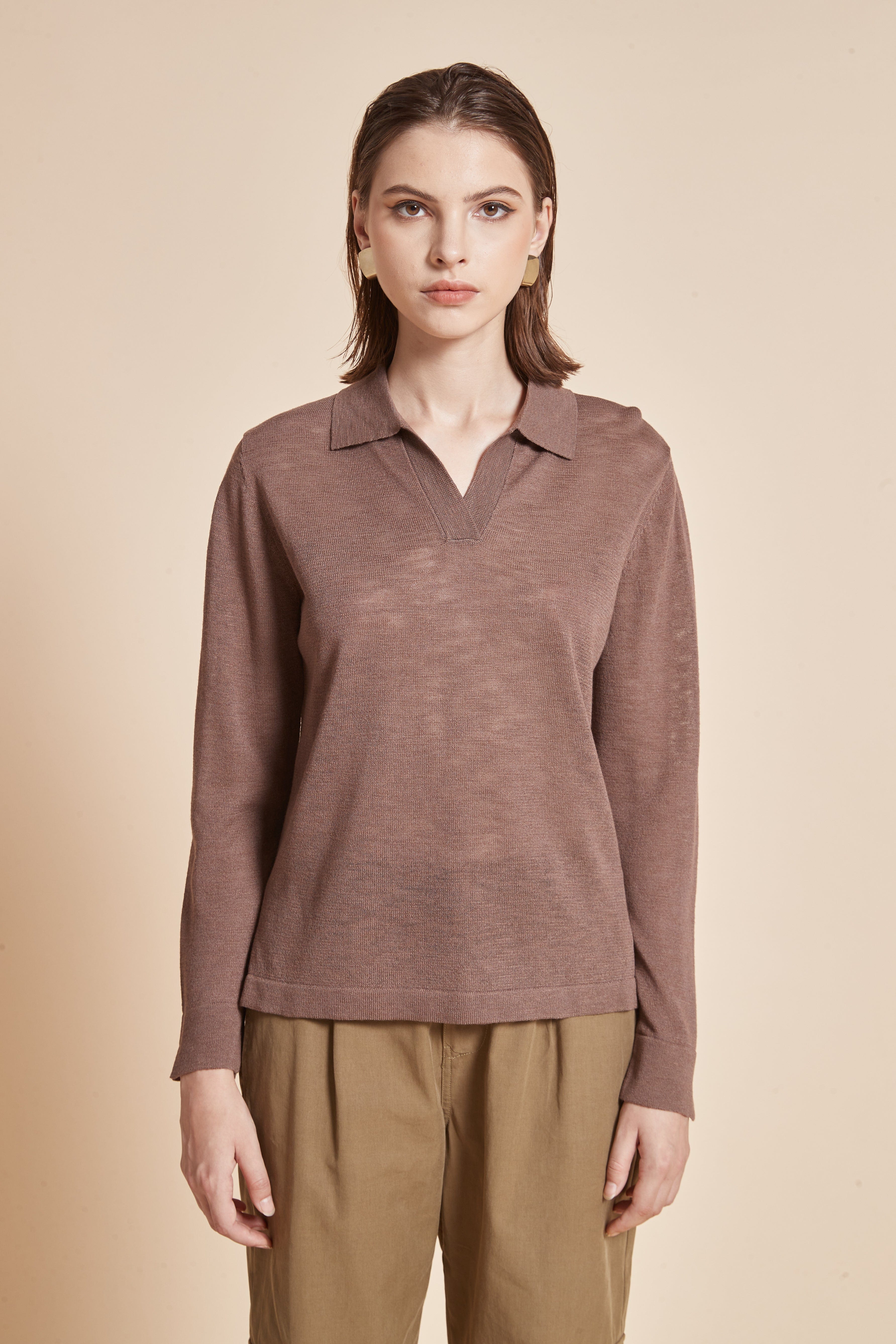Plain Blouse With Long Sleeves And V-Neck Collar