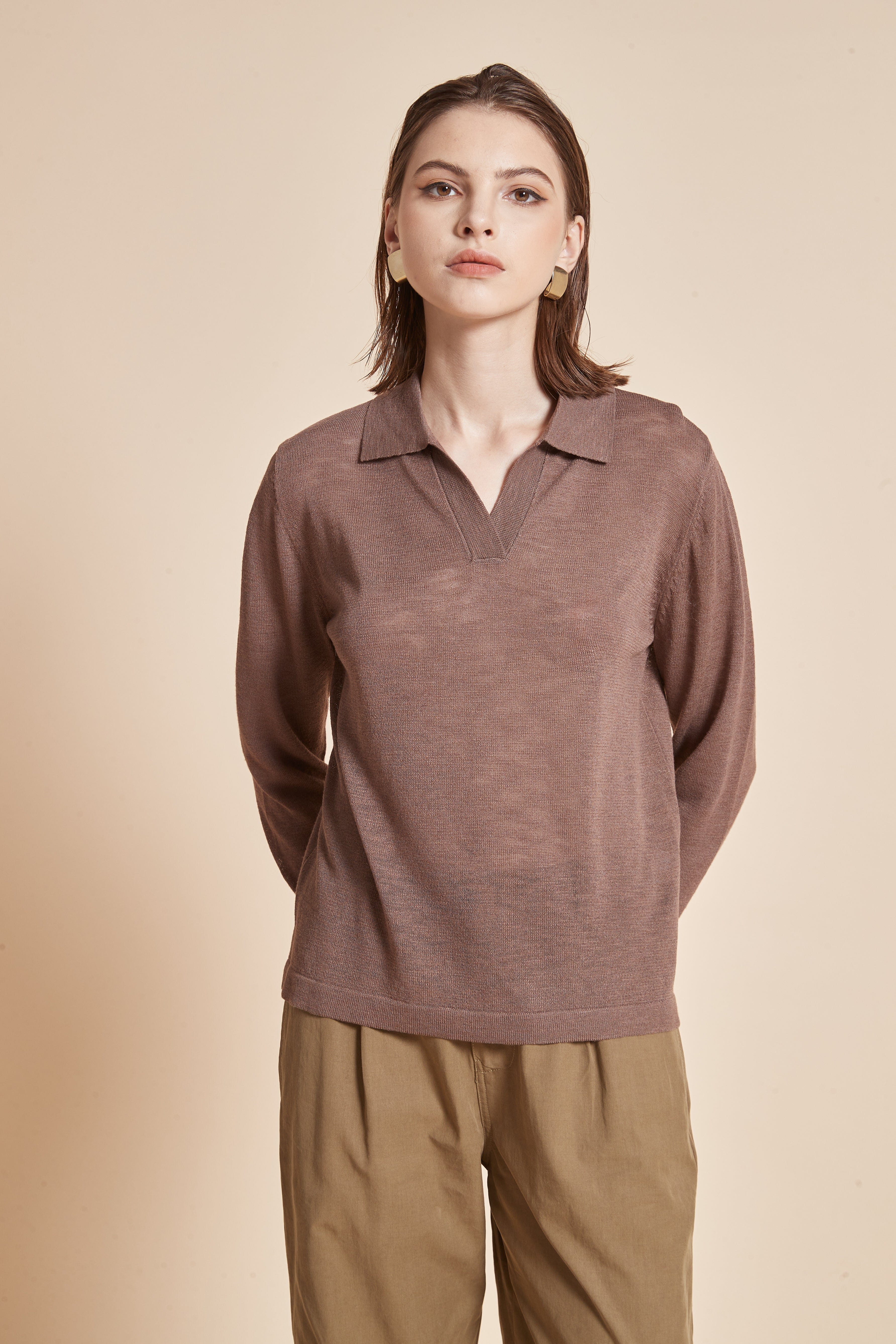 Plain Blouse With Long Sleeves And V-Neck Collar