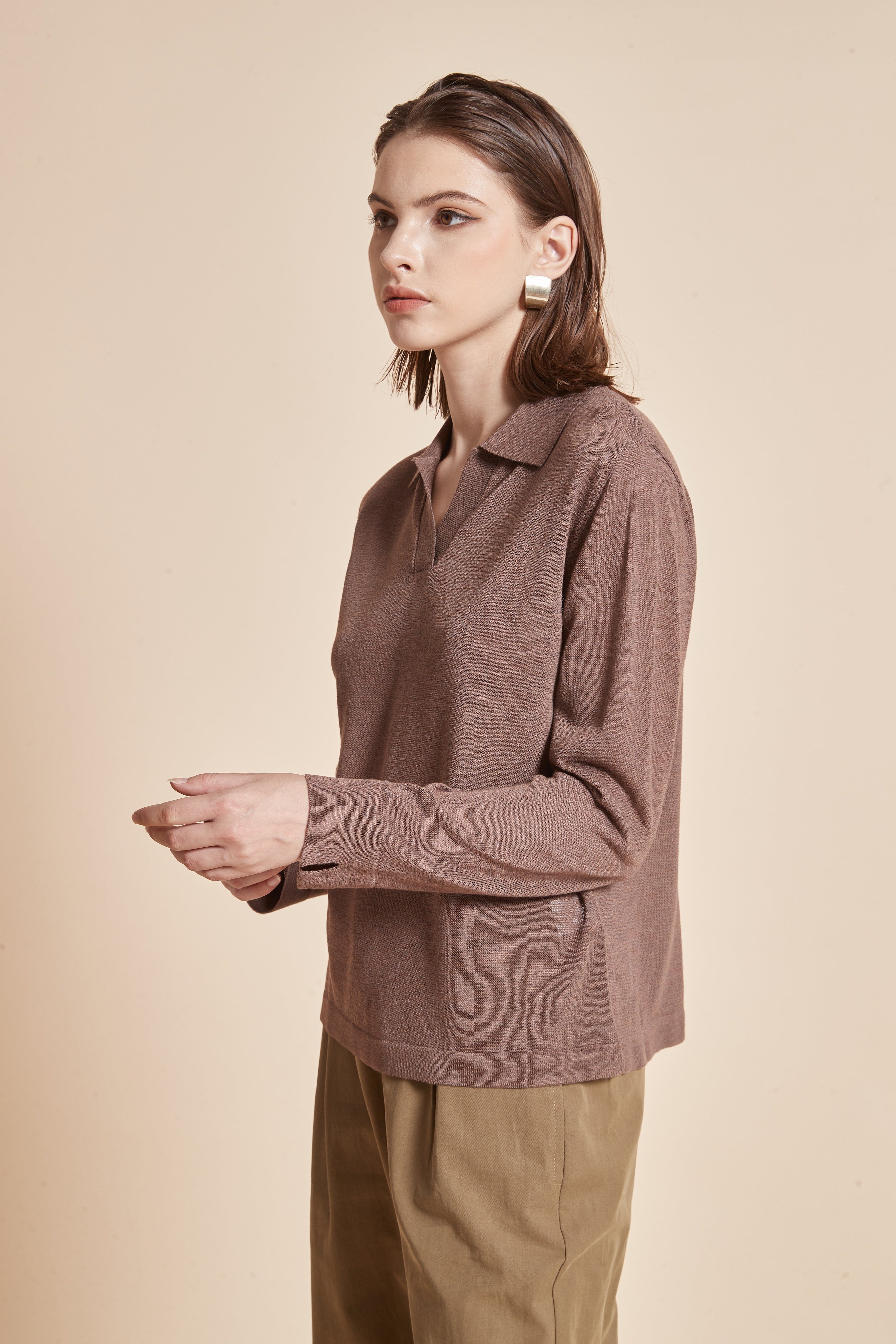 Plain Blouse With Long Sleeves And V-Neck Collar