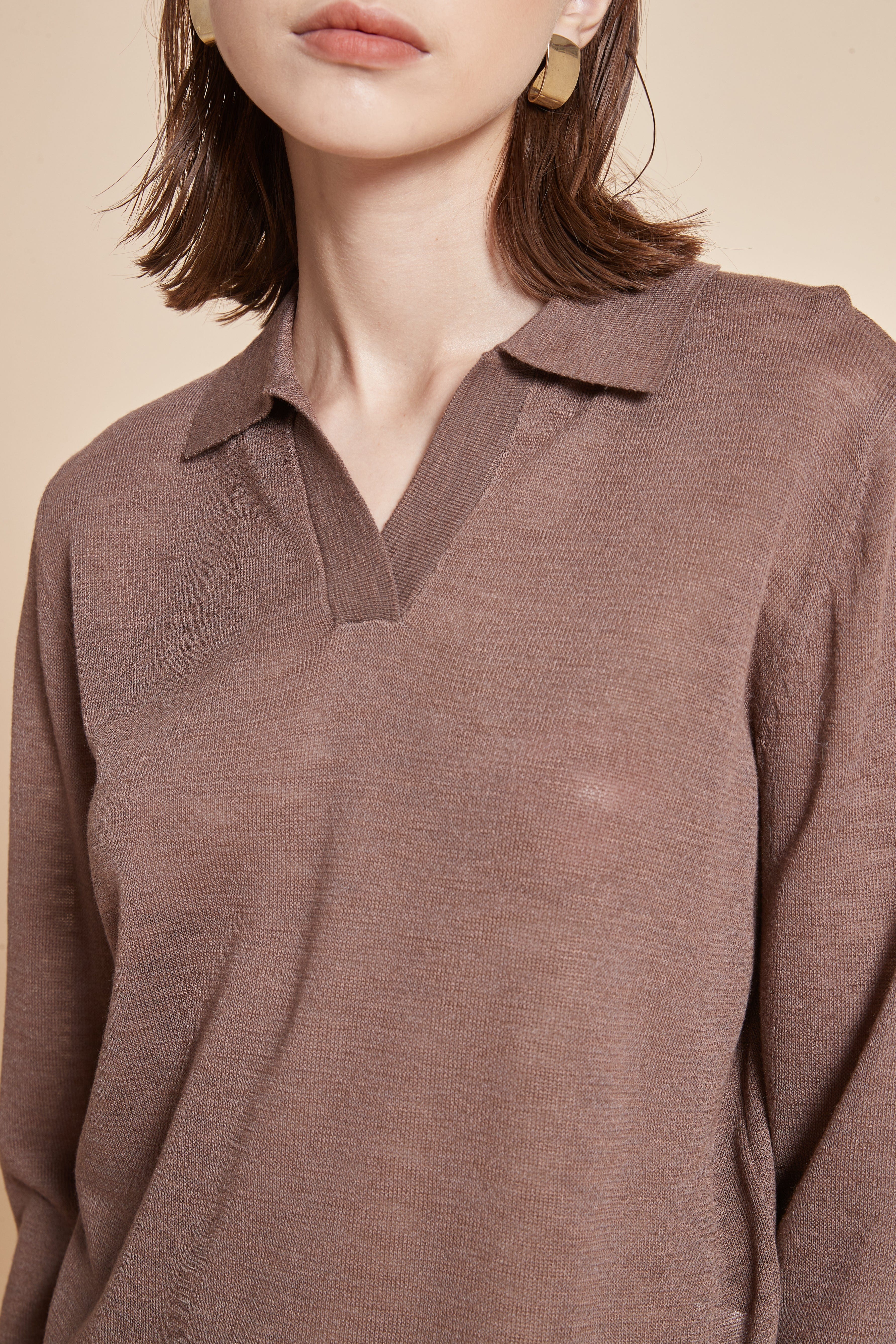 Plain Blouse With Long Sleeves And V-Neck Collar